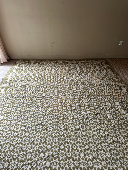 Green and cream hand woven wool coverlet/rug/tapestry