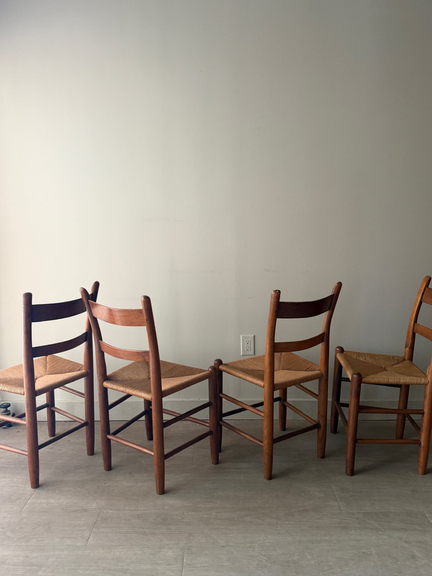 Pine rush seat dining chairs. Sold as a set of 4.