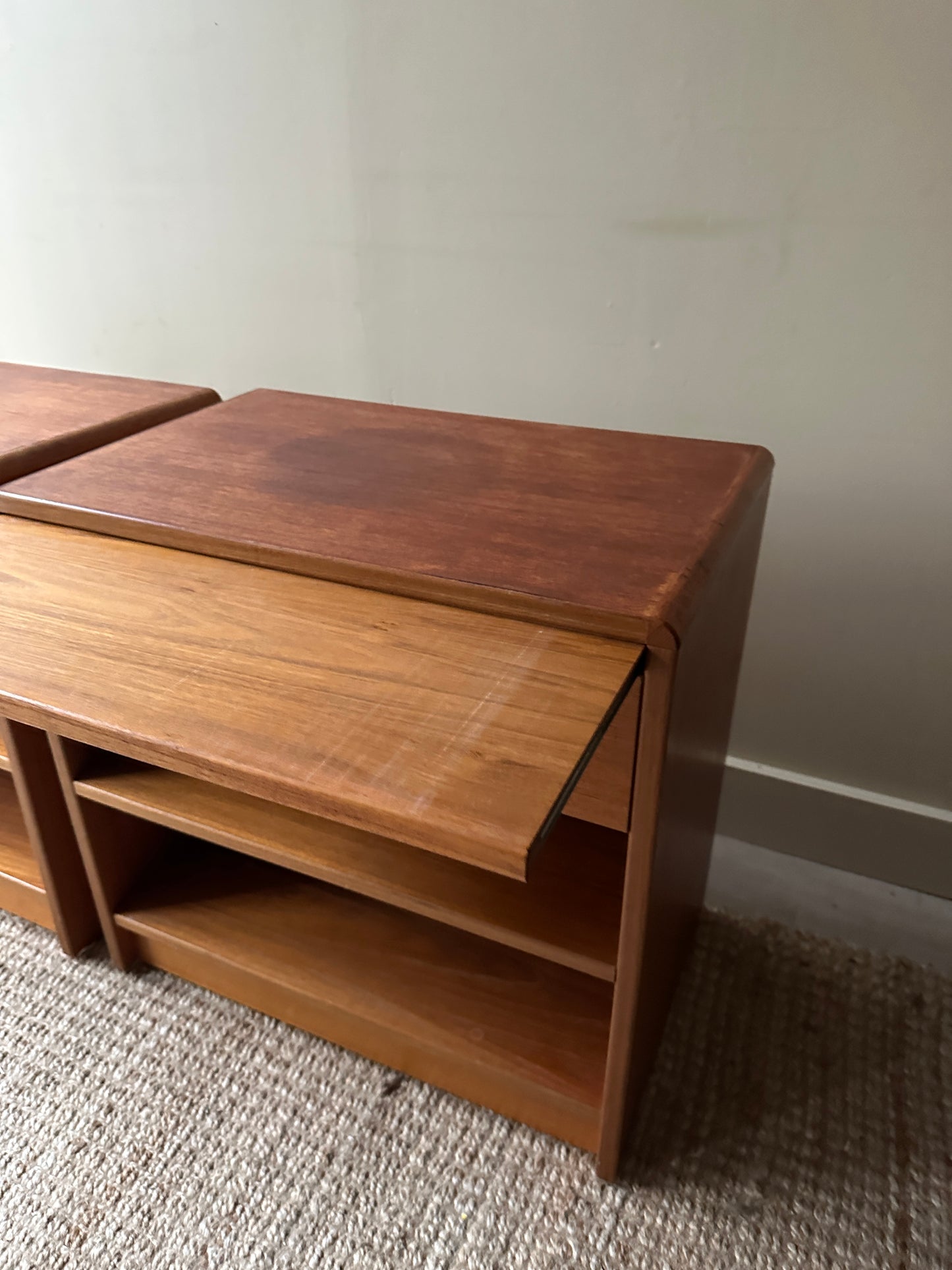 Teak bedside tables. Sold together.