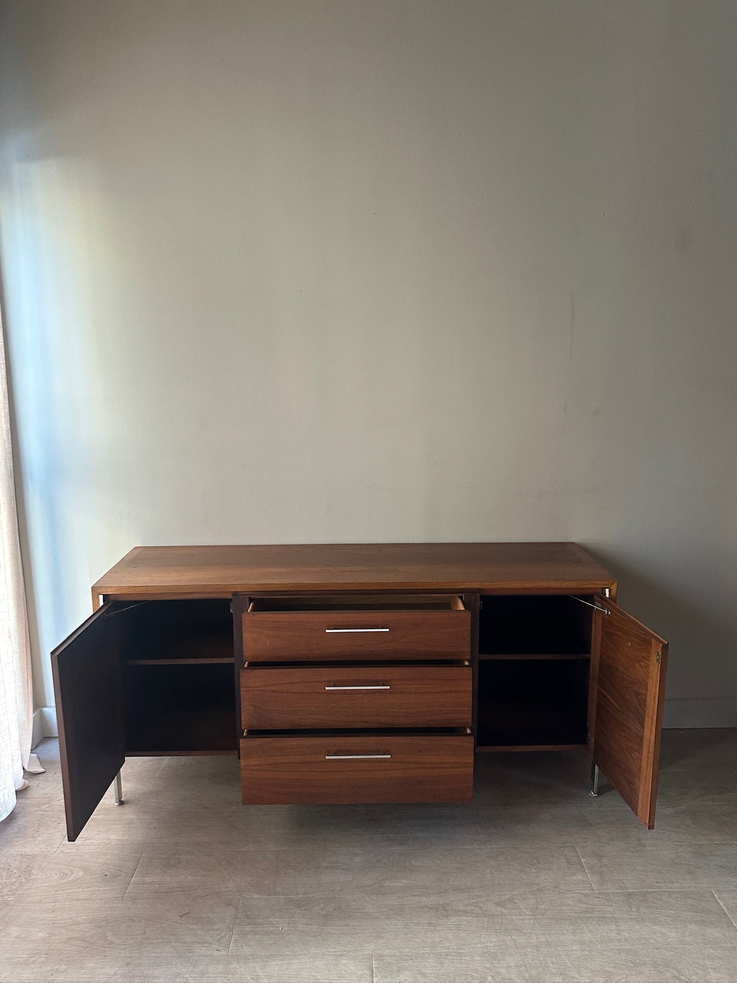 Lane walnut credenza with chrome hardware