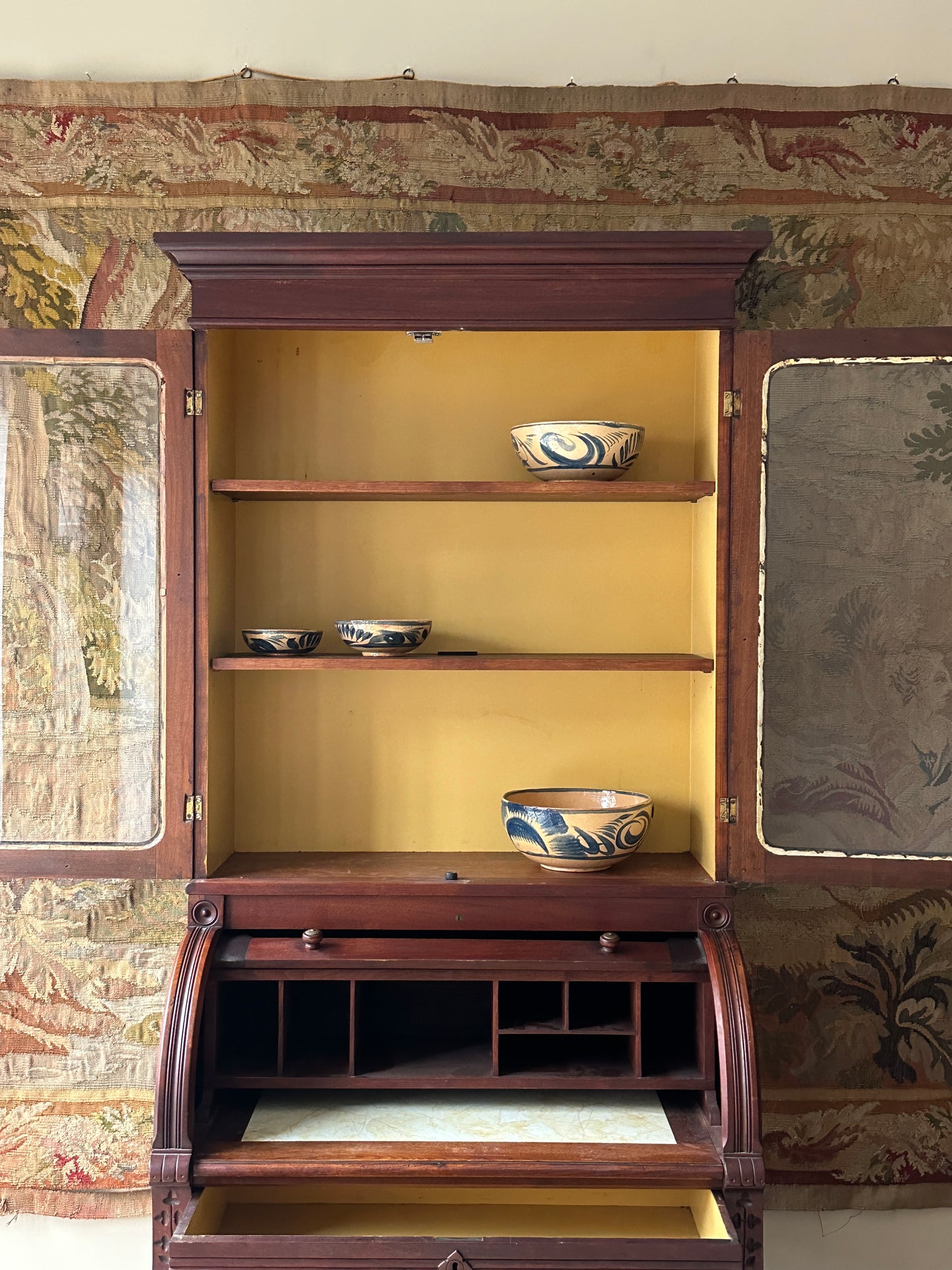 Two piece walnut roll front hutch