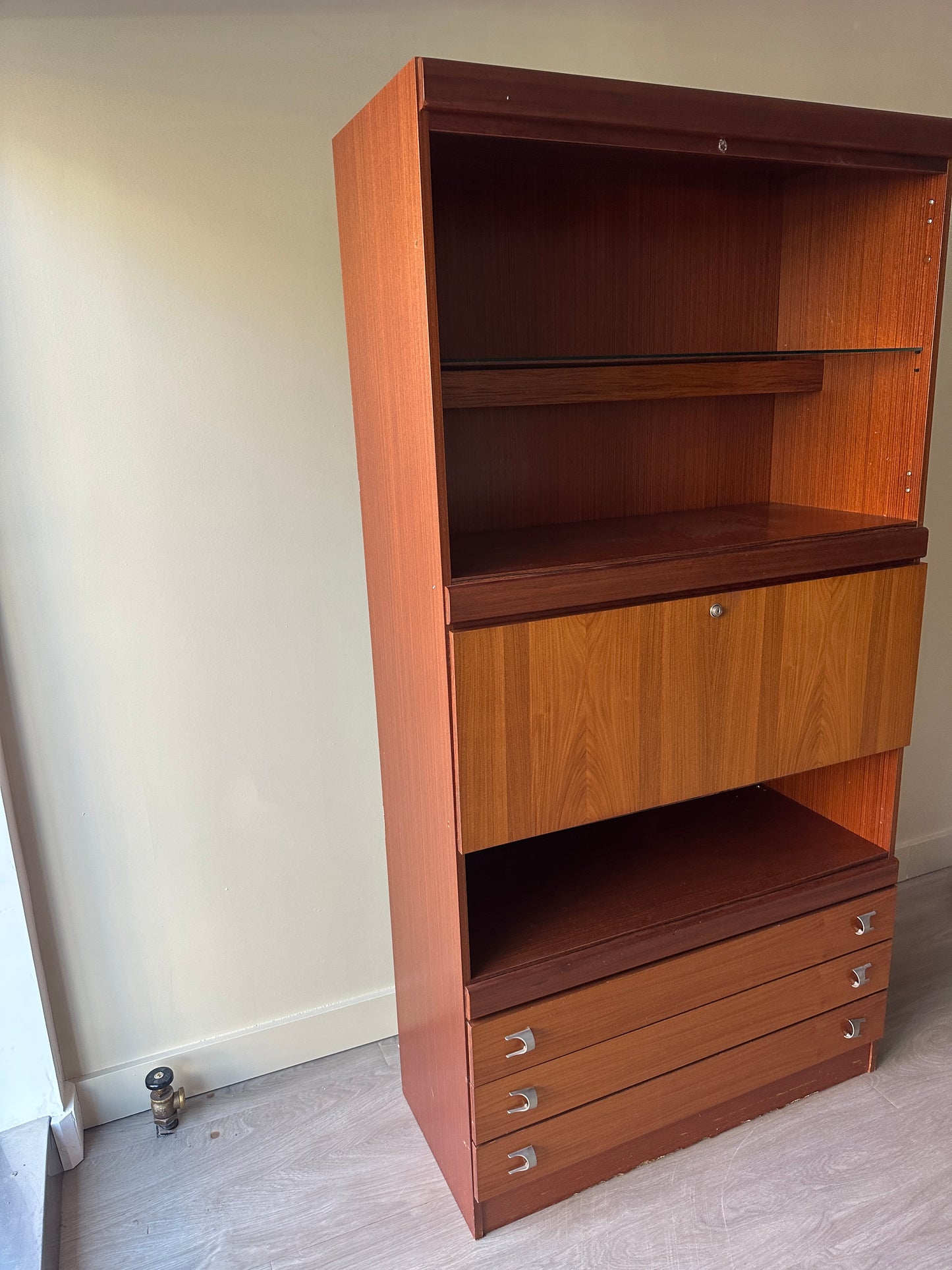 Walnut bookcase with drop down bar