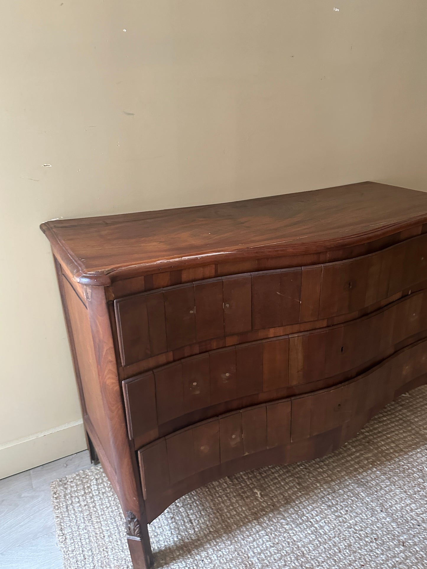 Wavy walnut dresser. Needs handles.
