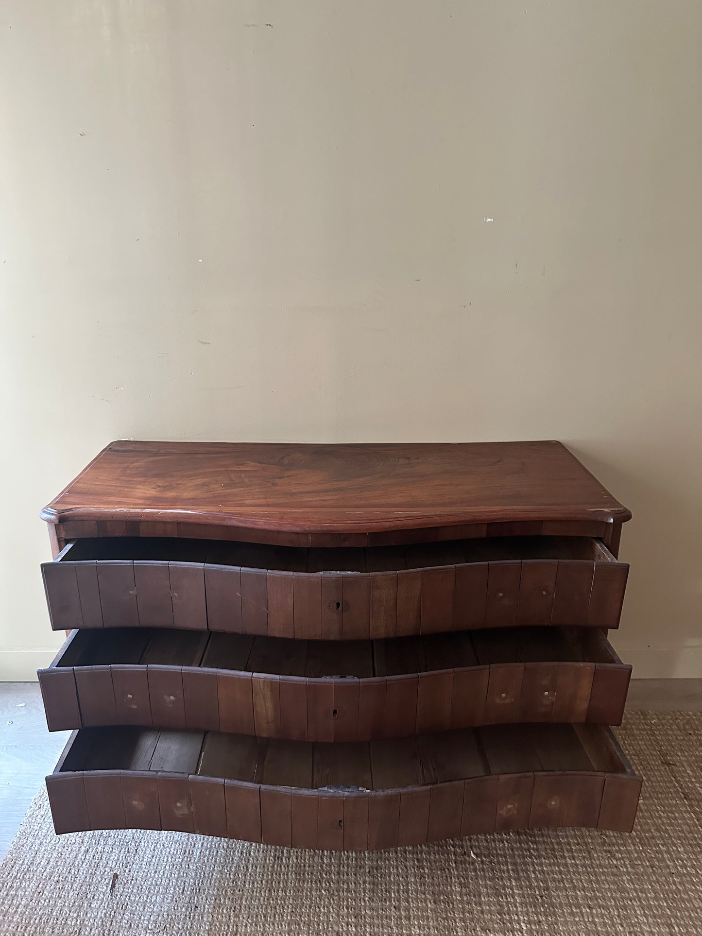 Wavy walnut dresser. Needs handles.