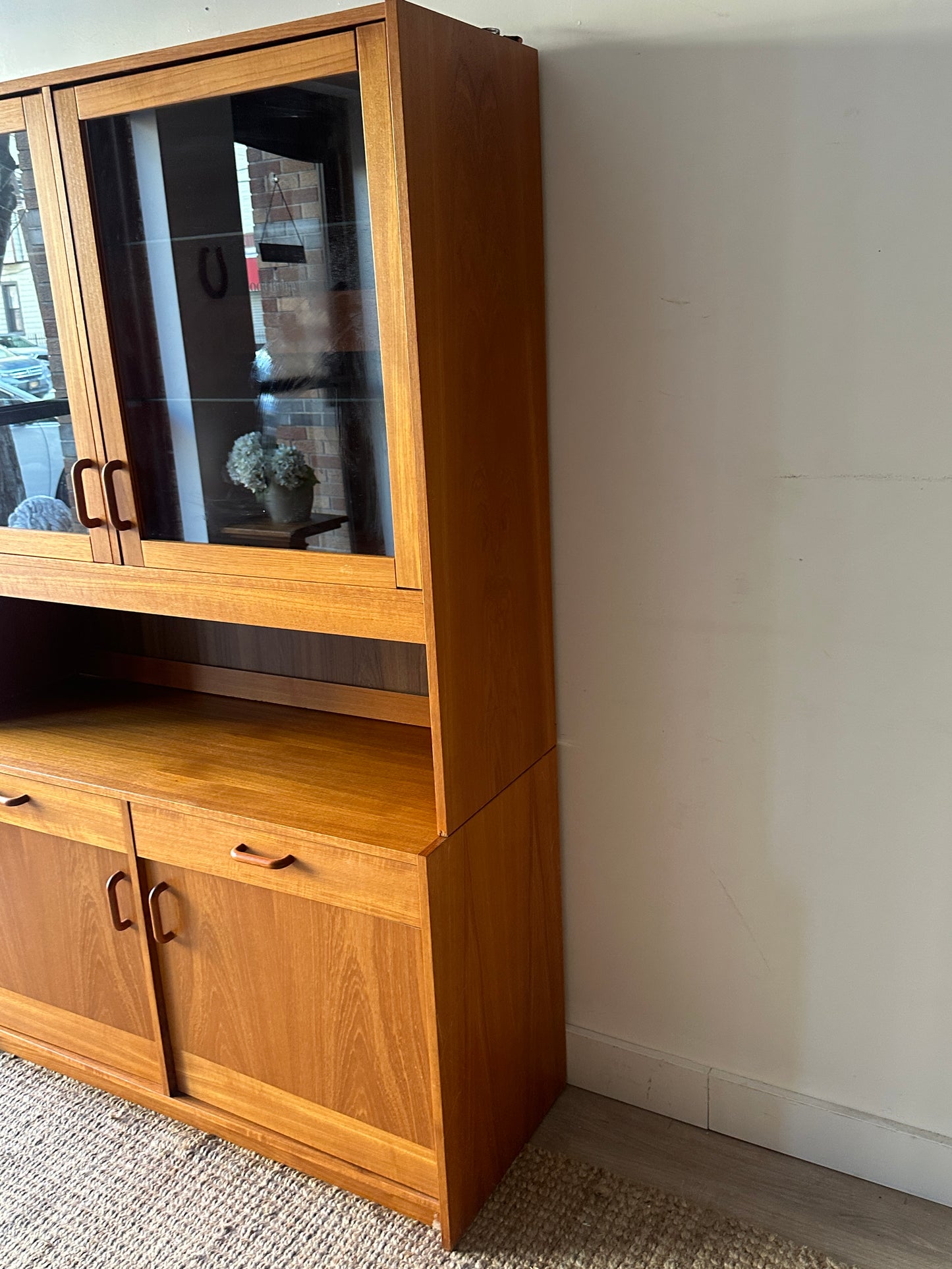 Two piece teak hutch