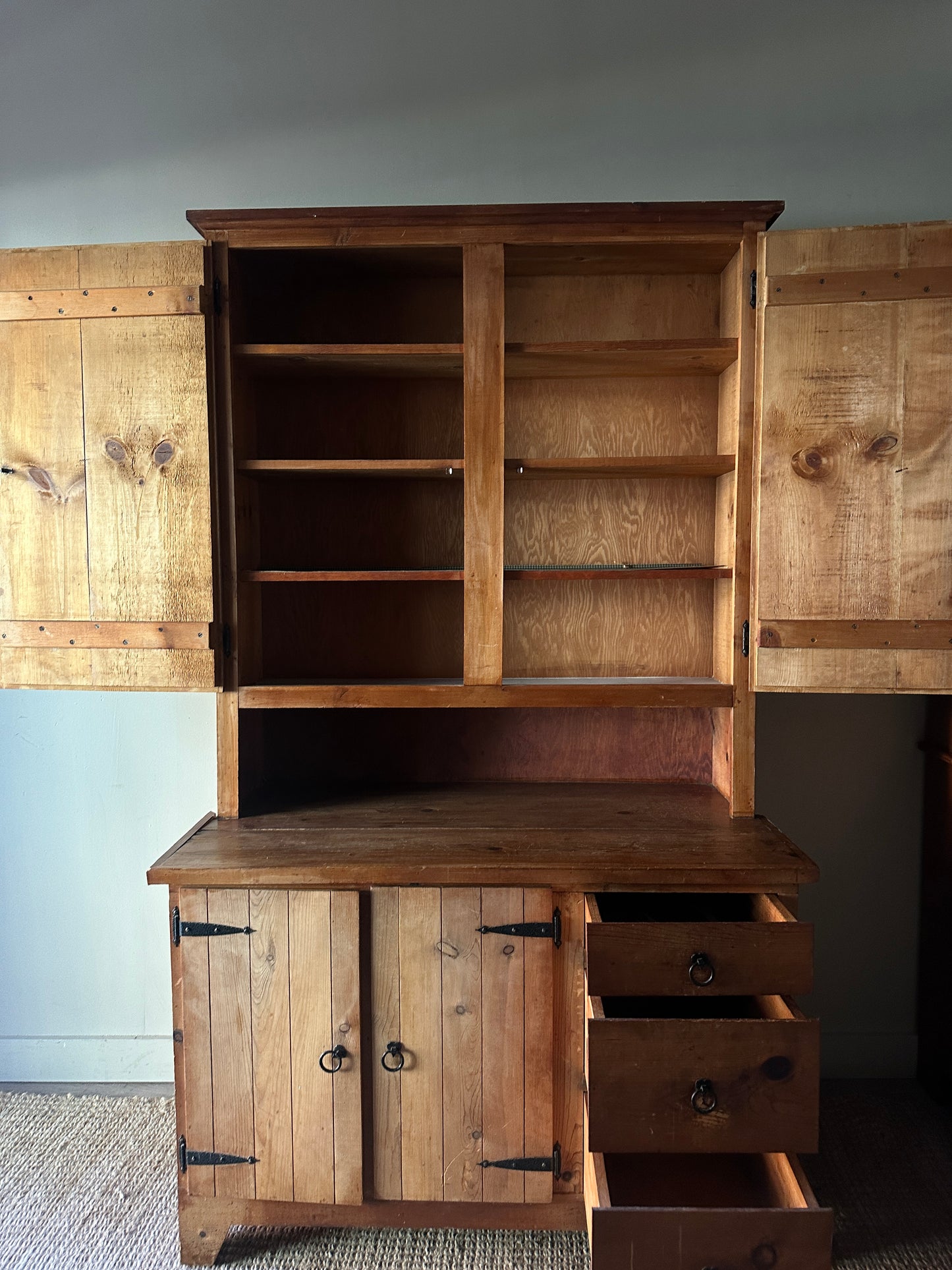 Pine hutch with wrought iron hardware