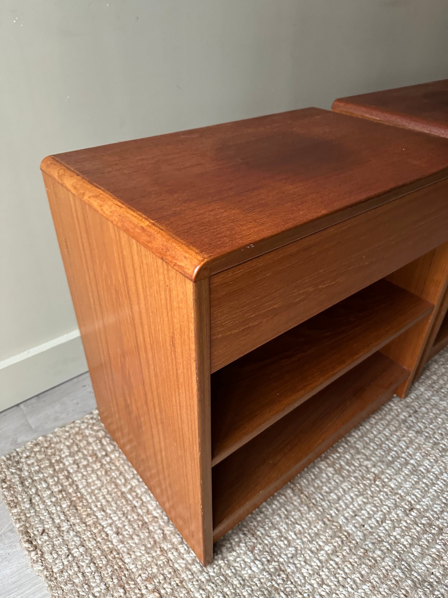 Teak bedside tables. Sold together.