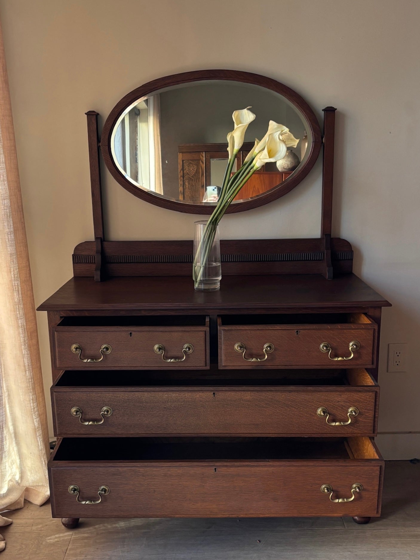 English Queen Anne oak dresser with mirror