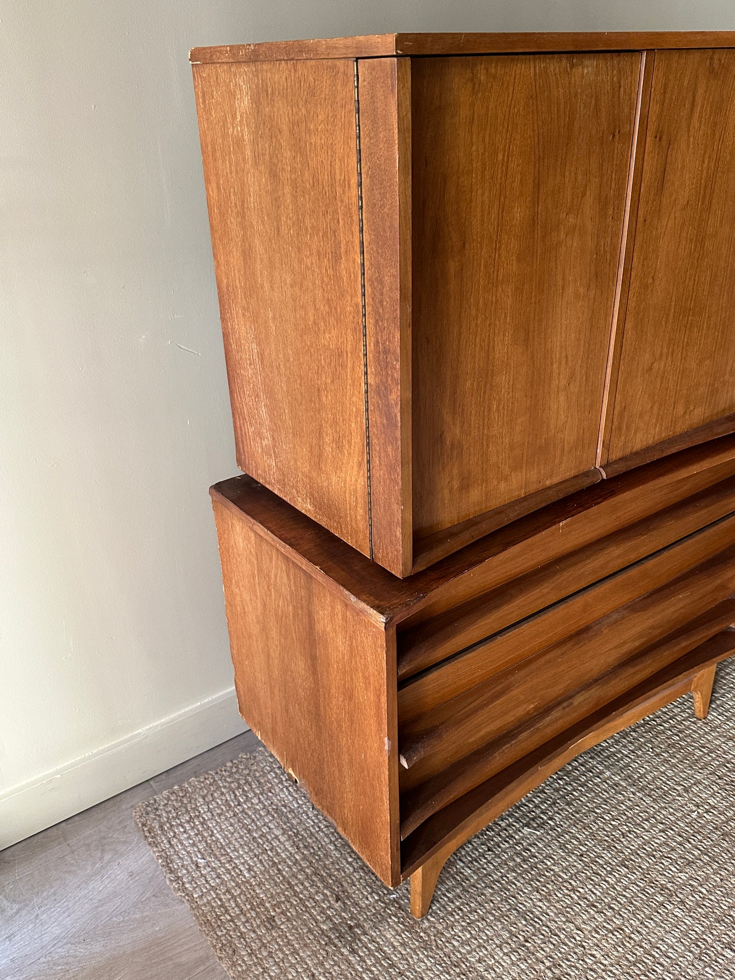 Walnut two piece tallboy. As is. Refinishing project.