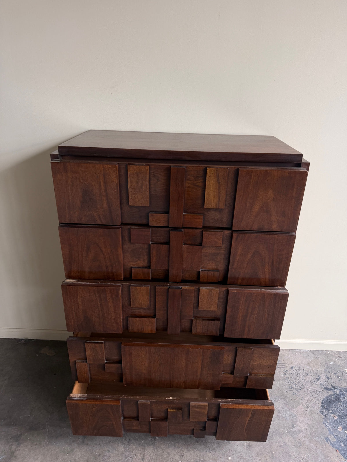 Lane Brutalist walnut tallboy dresser