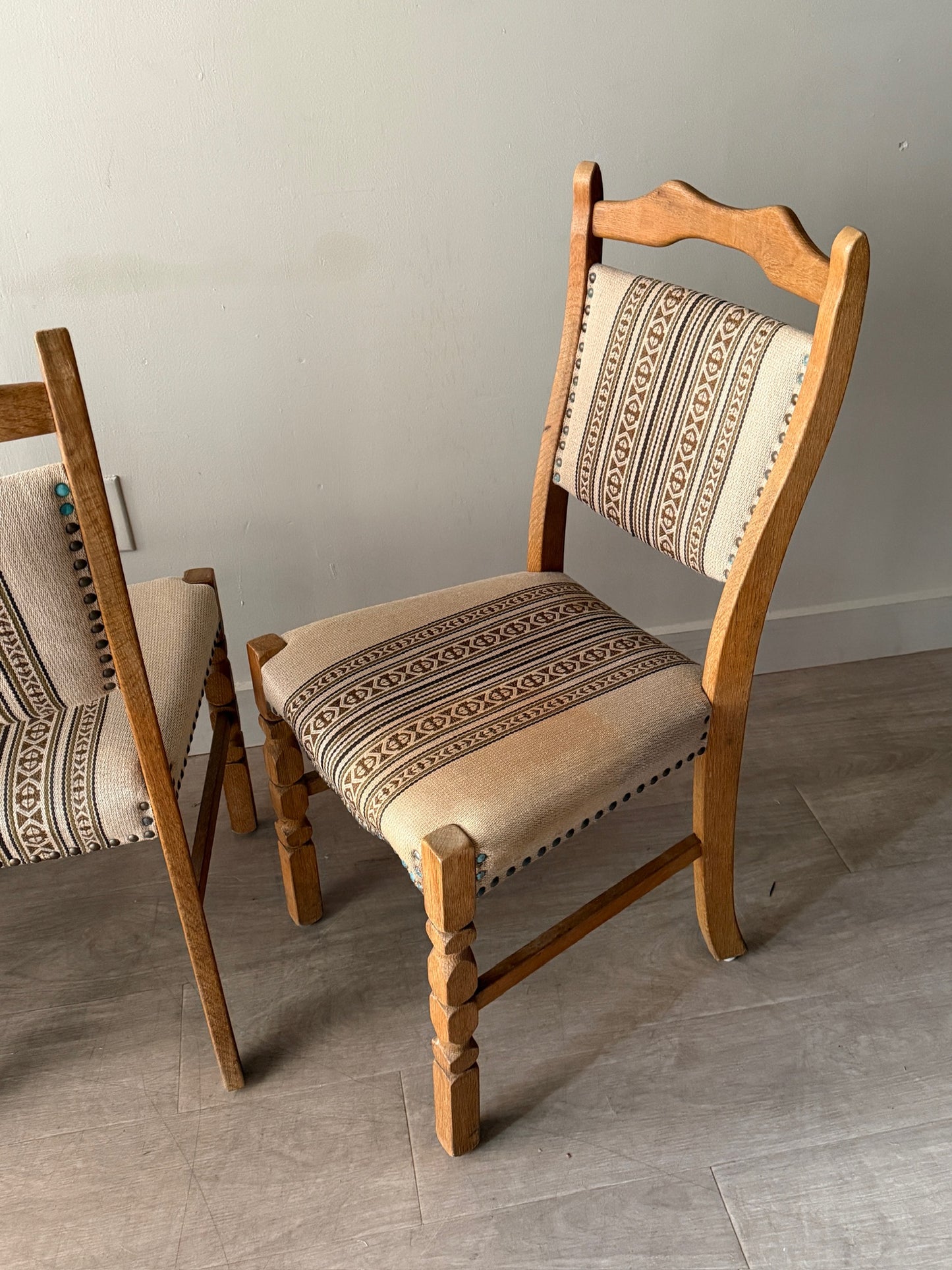 1970s Danish upholstered oak dining chairs. Sold as a set of 4.