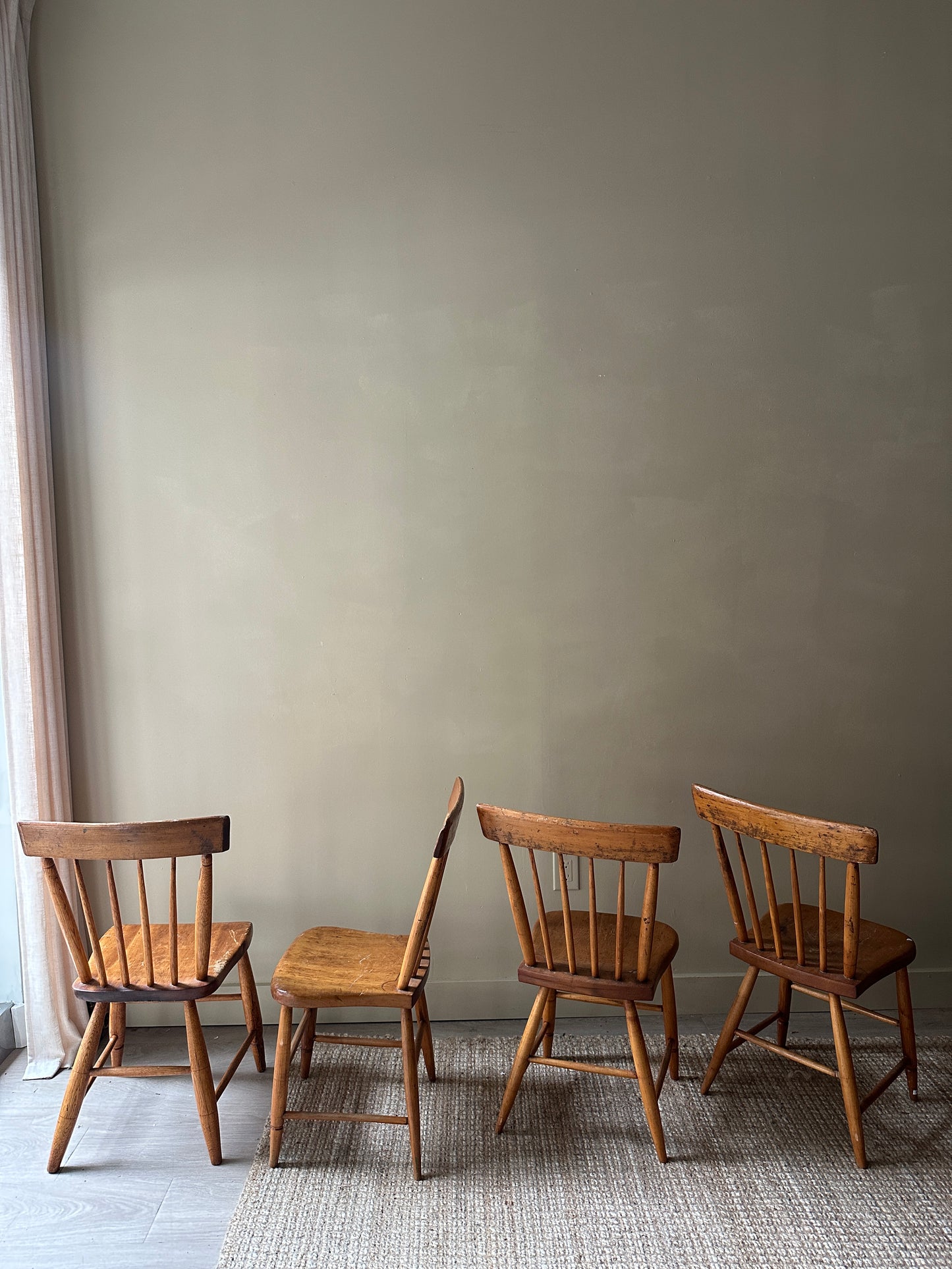 Pine plank seat dining chairs. Sold in pairs.