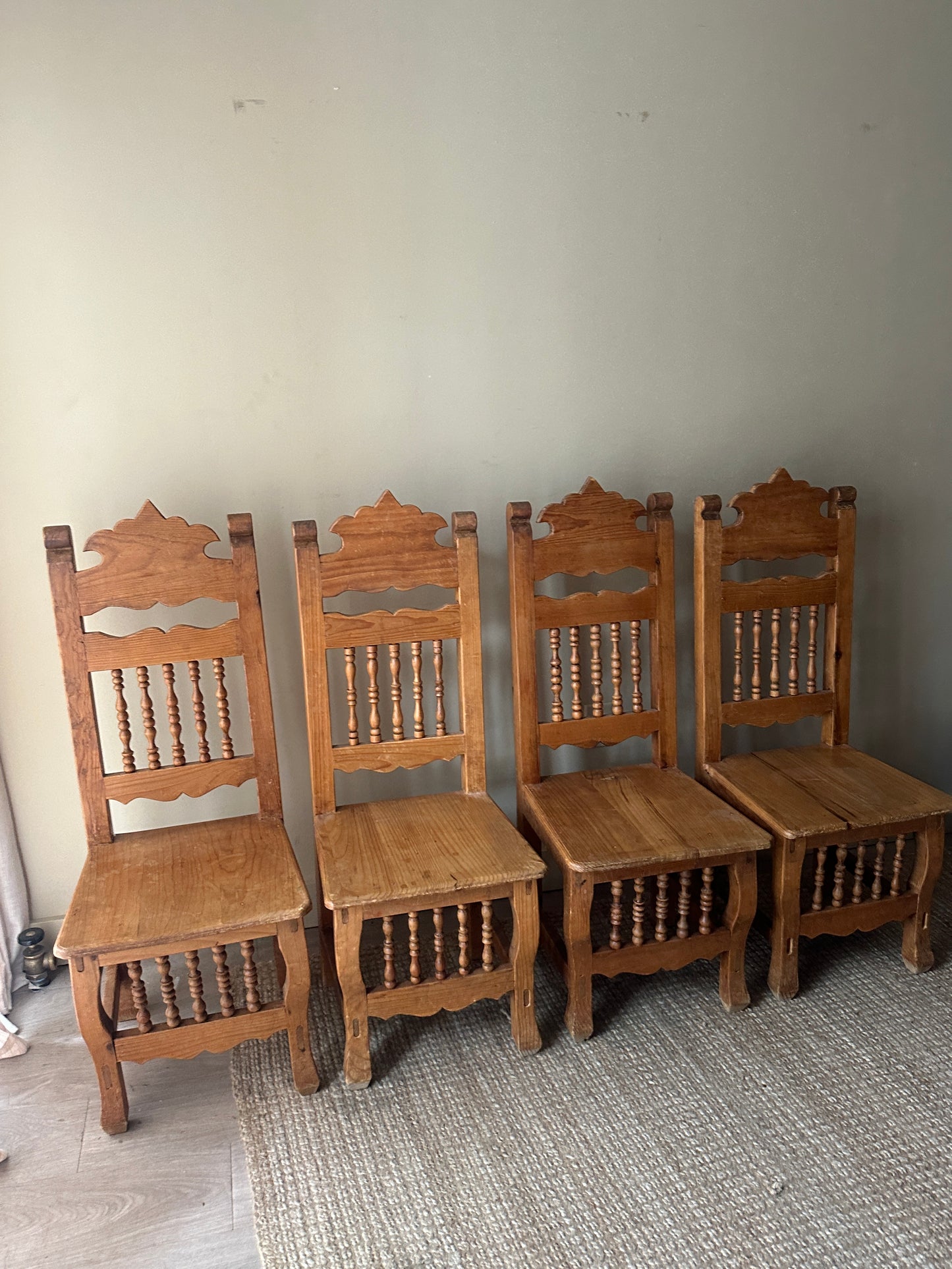 Hand carved pine dining chairs. (Sets of 2).