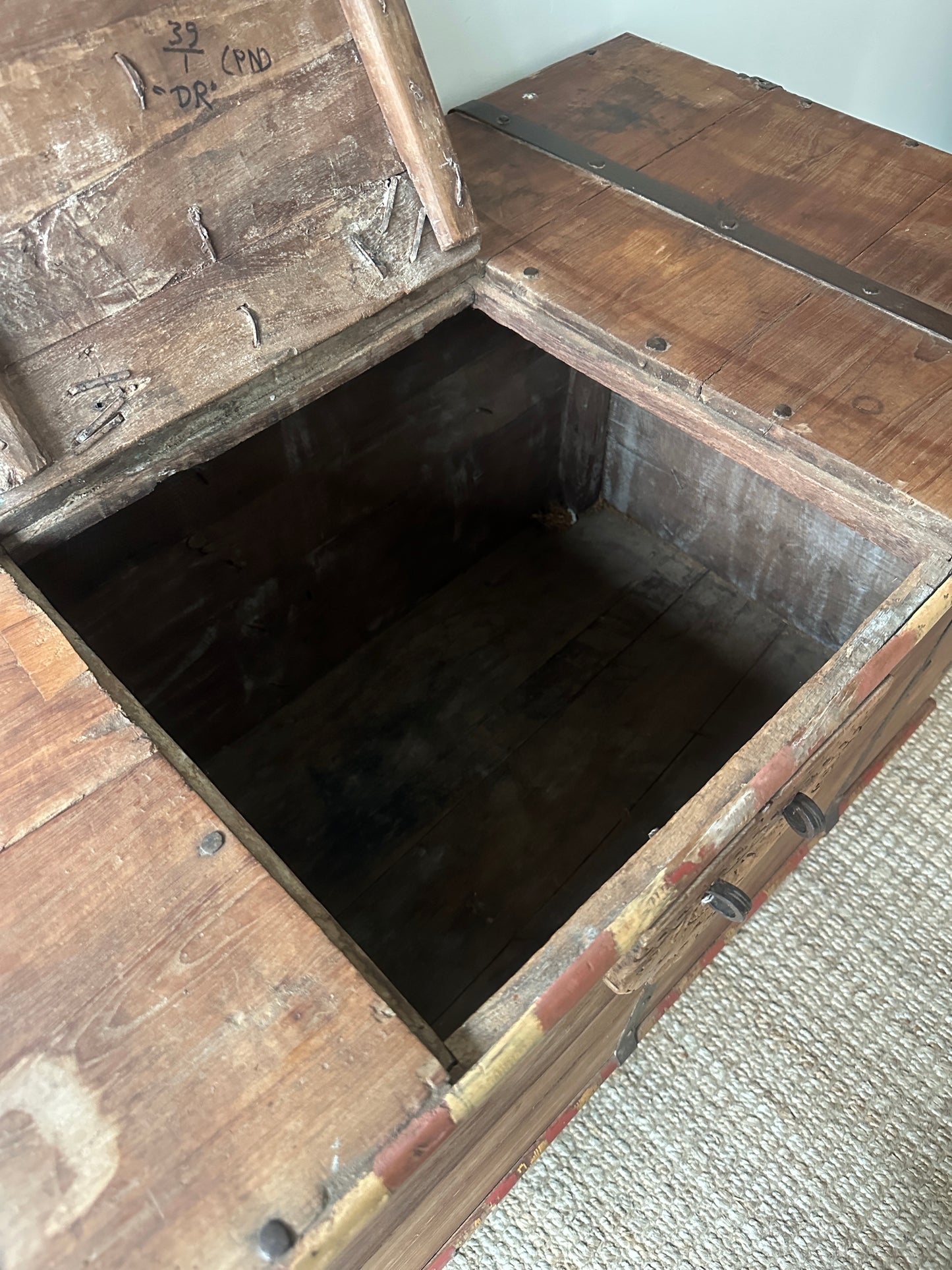 Large wooden chest on castors