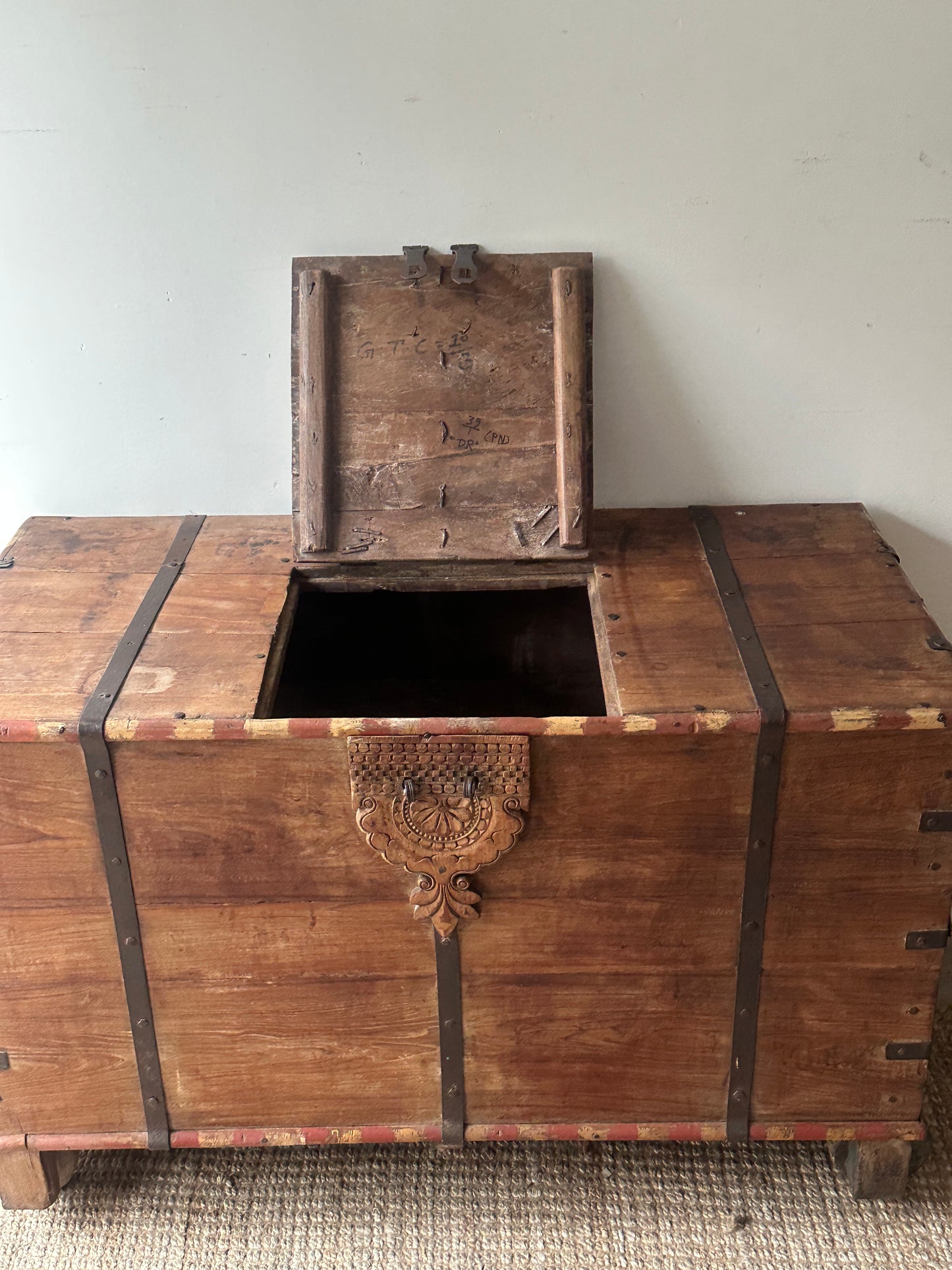 Large wooden chest on castors