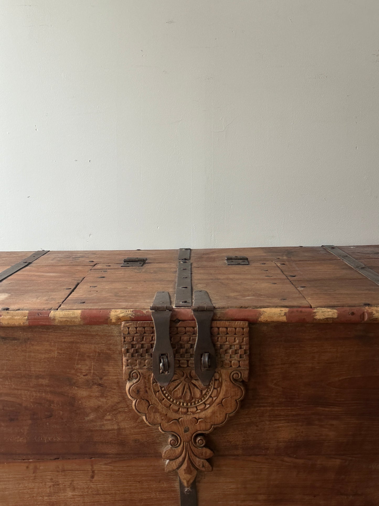 Large wooden chest on castors