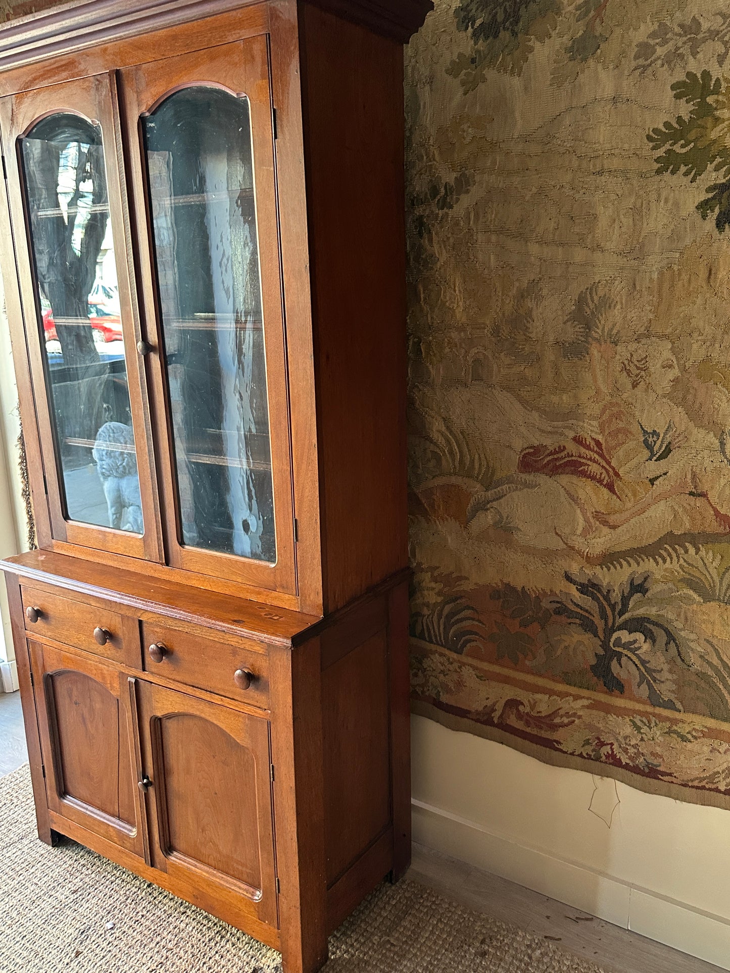 Two piece walnut step back cupboard