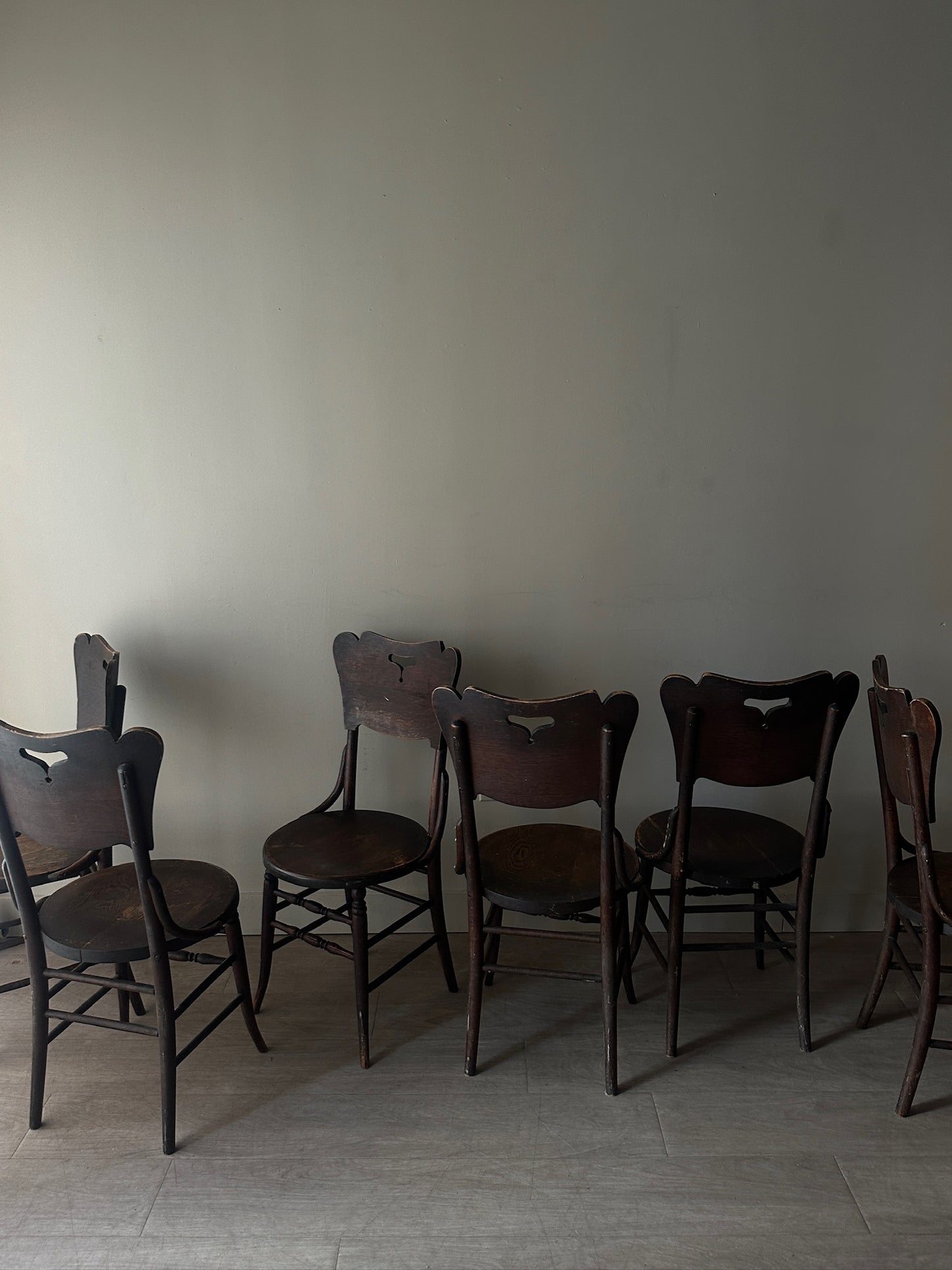 6 dark oak parlor chairs. Sold in sets of 2.
