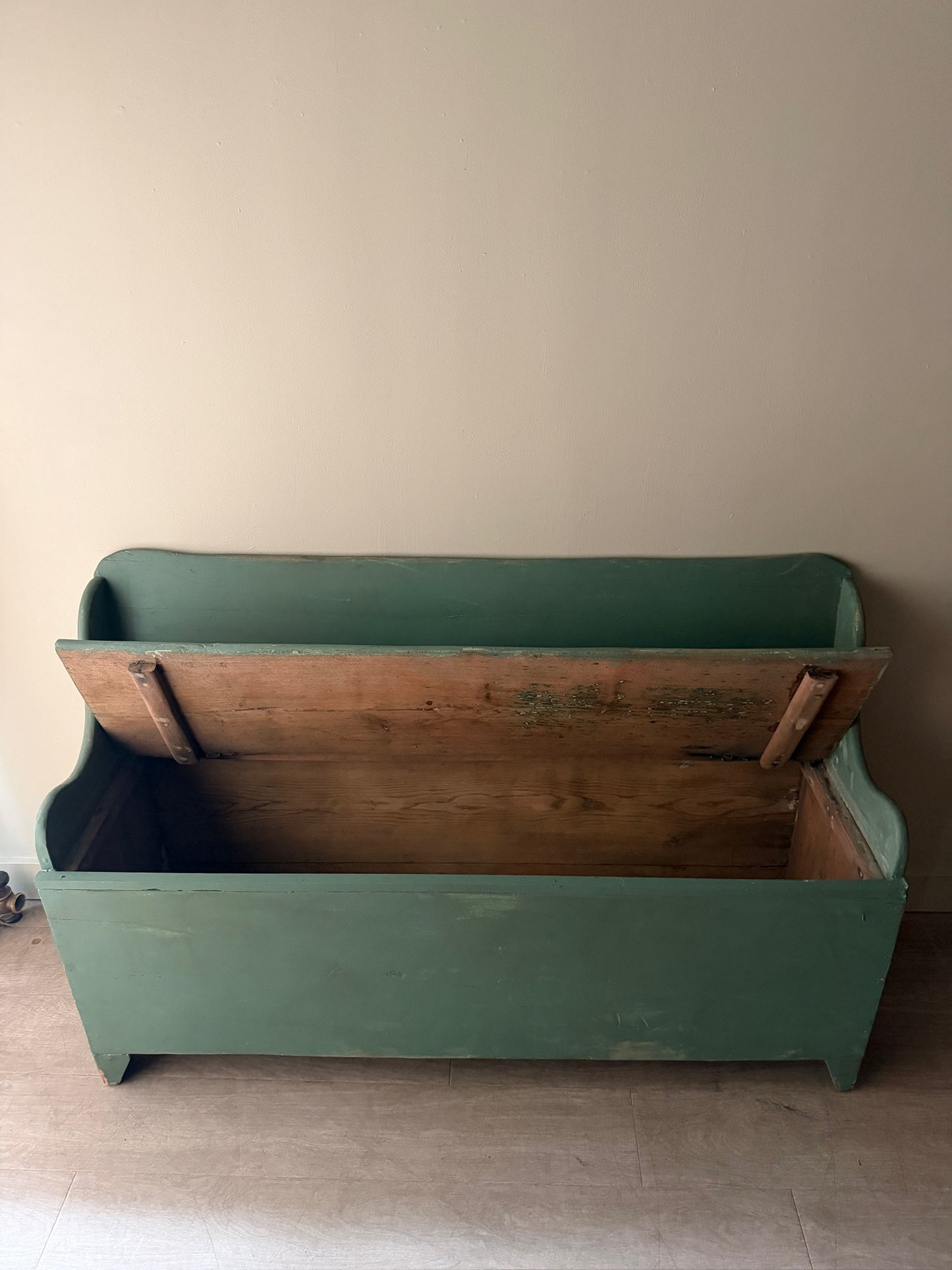 Blue painted pine storage bench