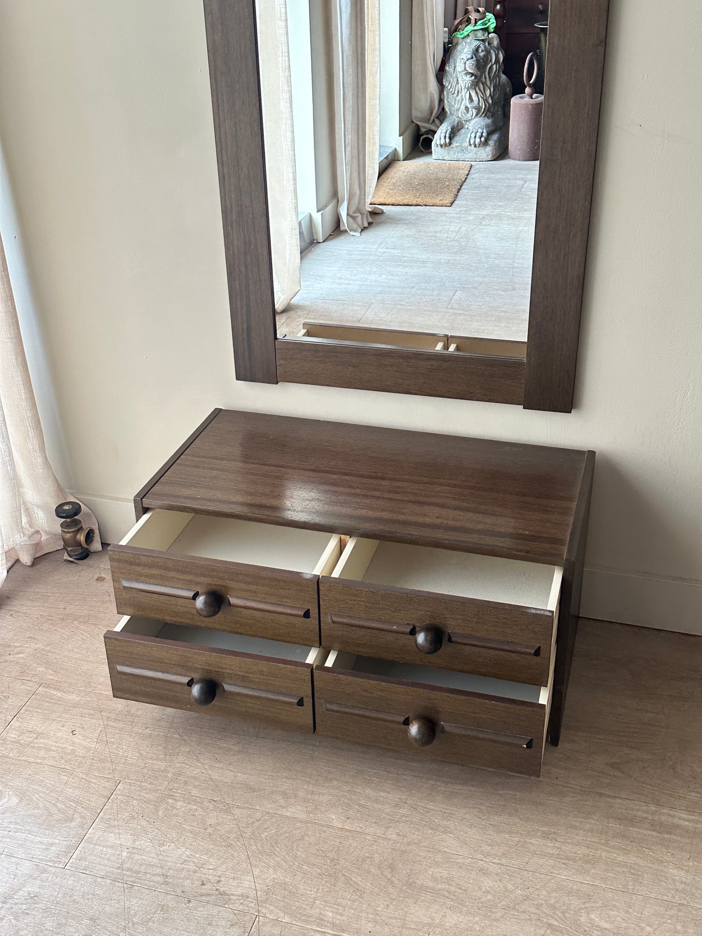 Walnut entryway console and mirror