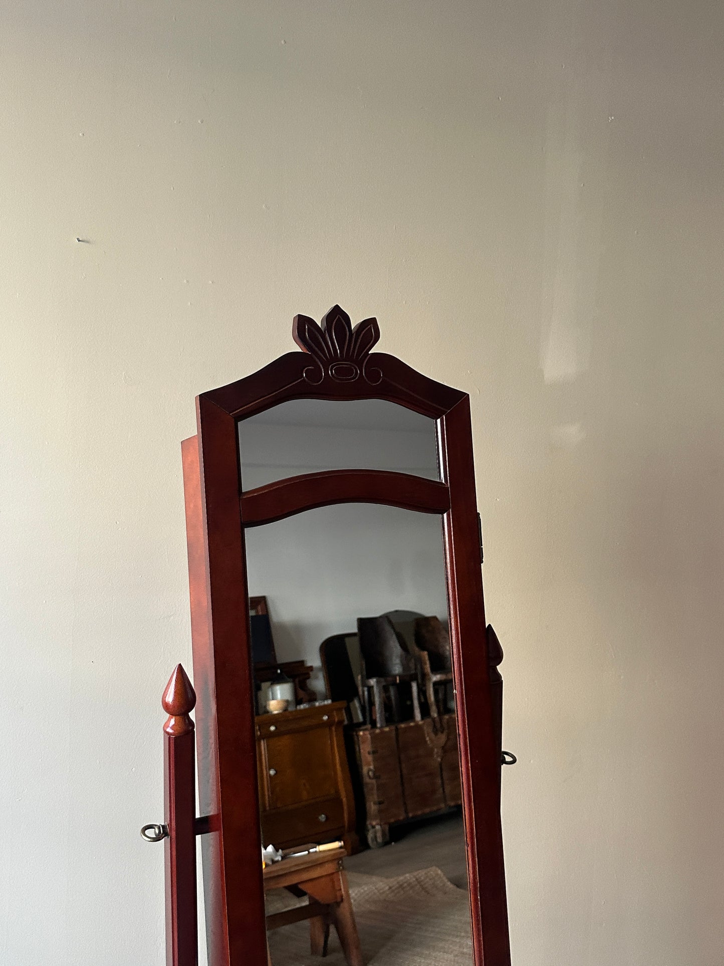 Mahogany Cheval mirror w jewelry cabinet