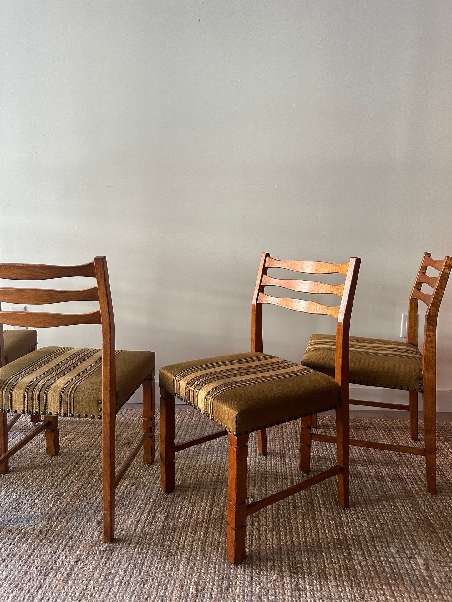 White oak and wool dining chairs. Sold in pairs.