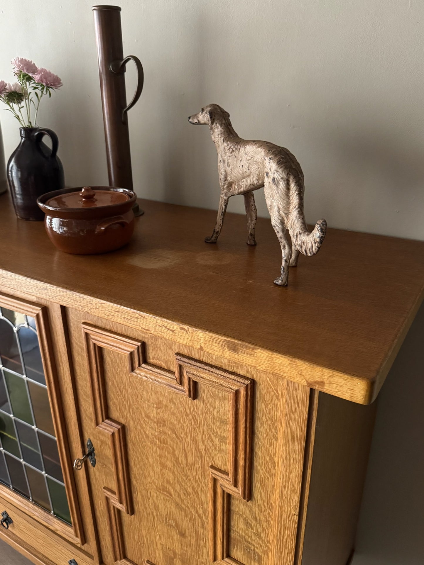 Danish oak sideboard with stained glass doors