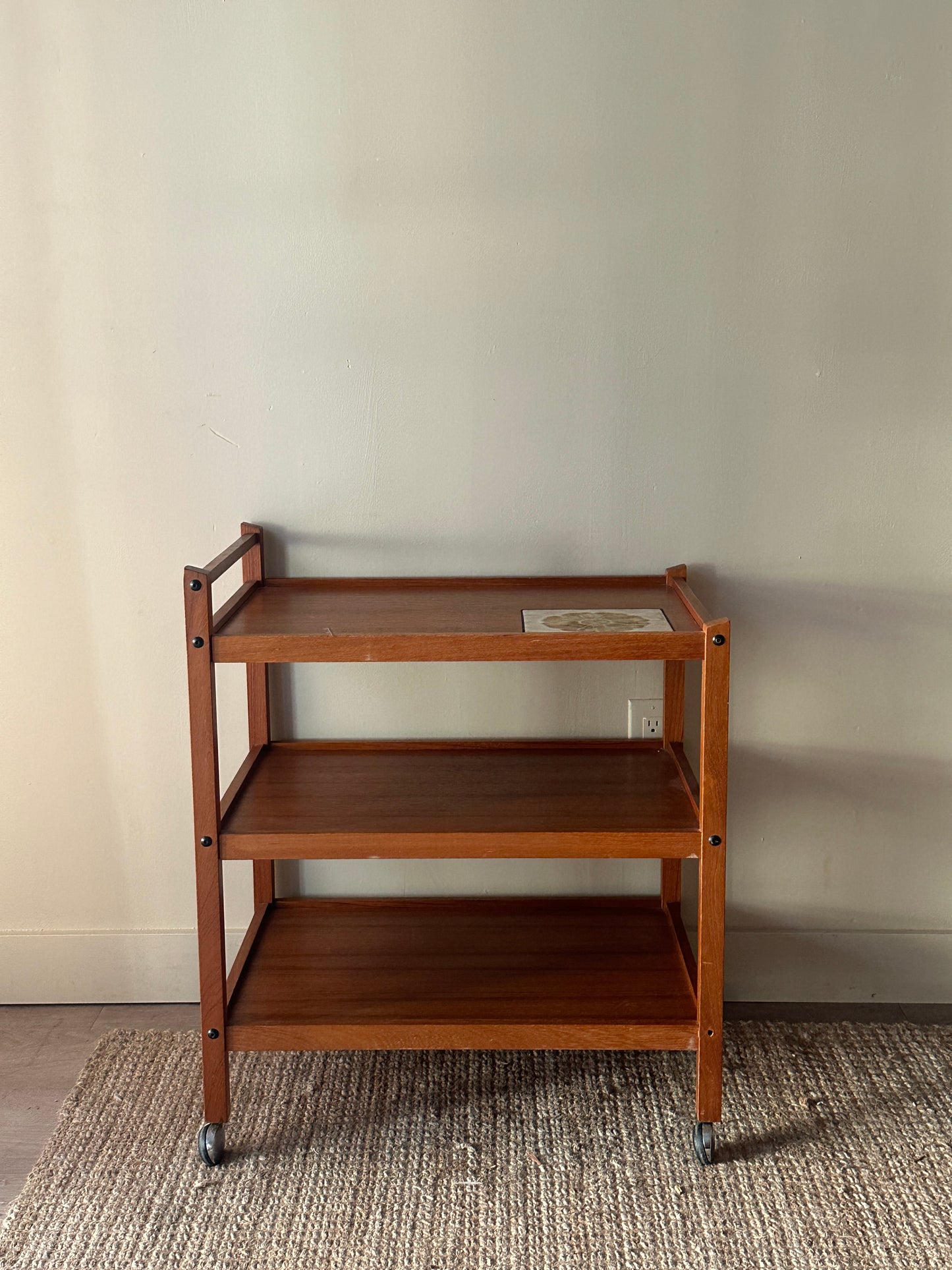 Teak bar cart with tile inlay