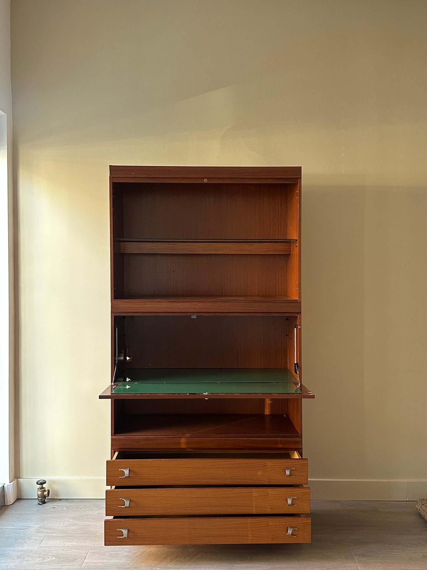 Walnut bookcase with drop down bar