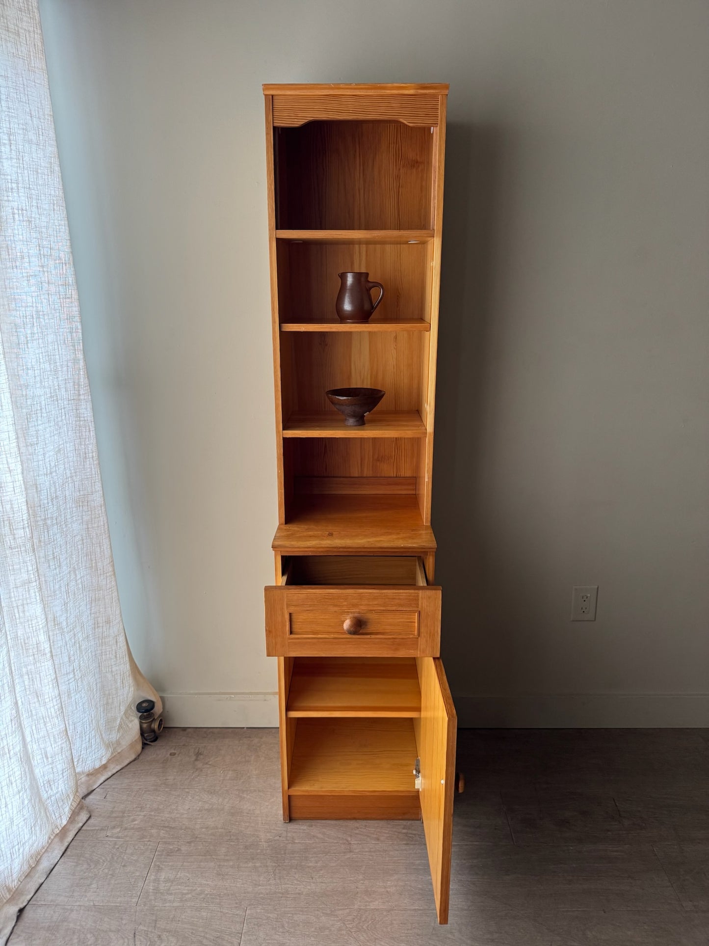 Narrow Scandinavian pine bookcase cabinet