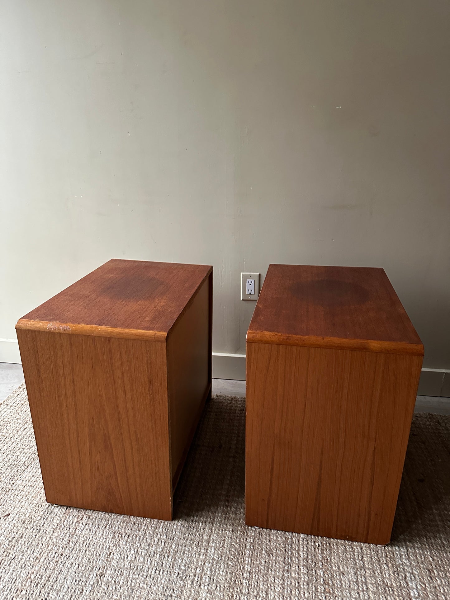 Teak bedside tables. Sold together.