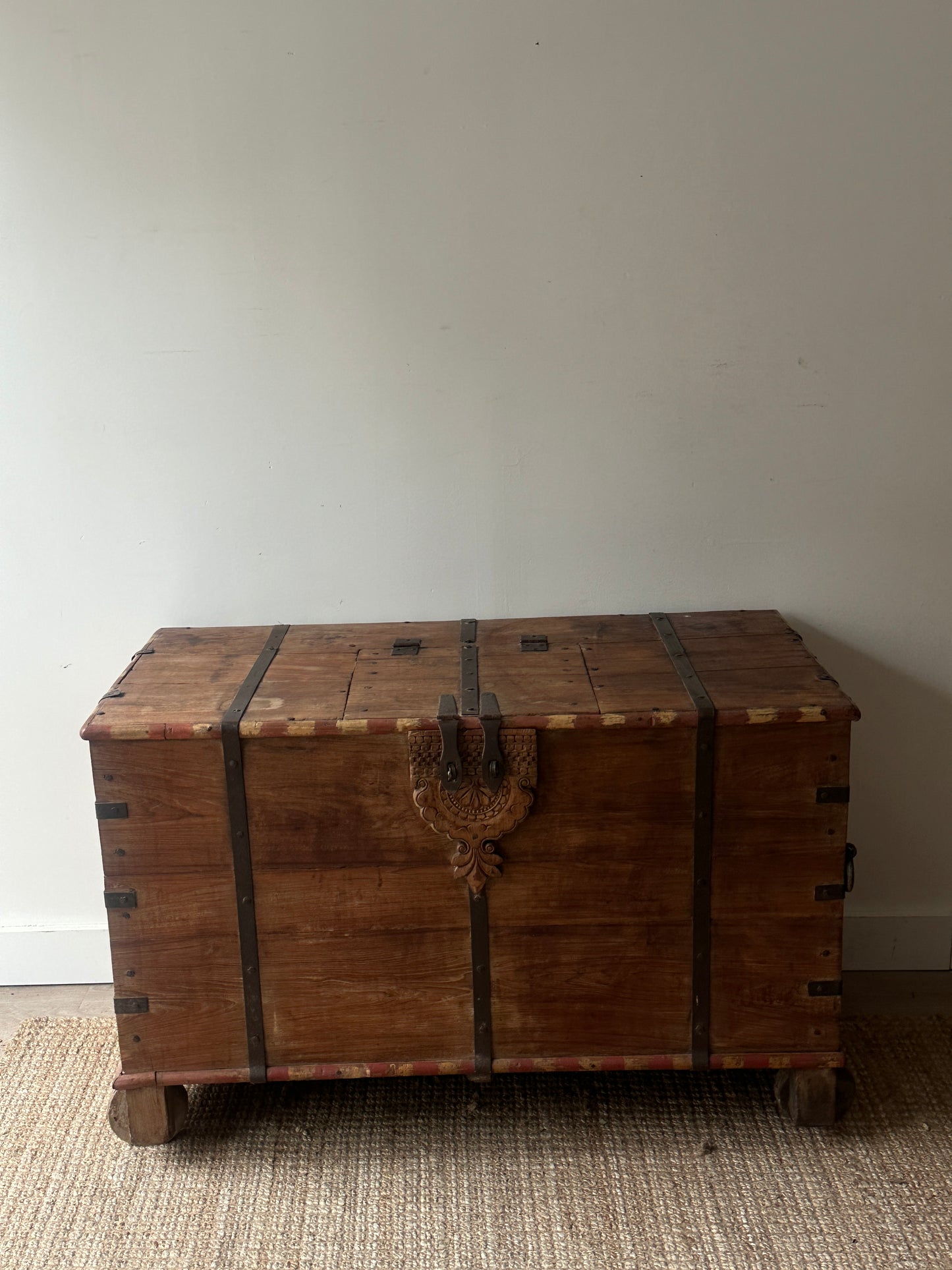 Large wooden chest on castors