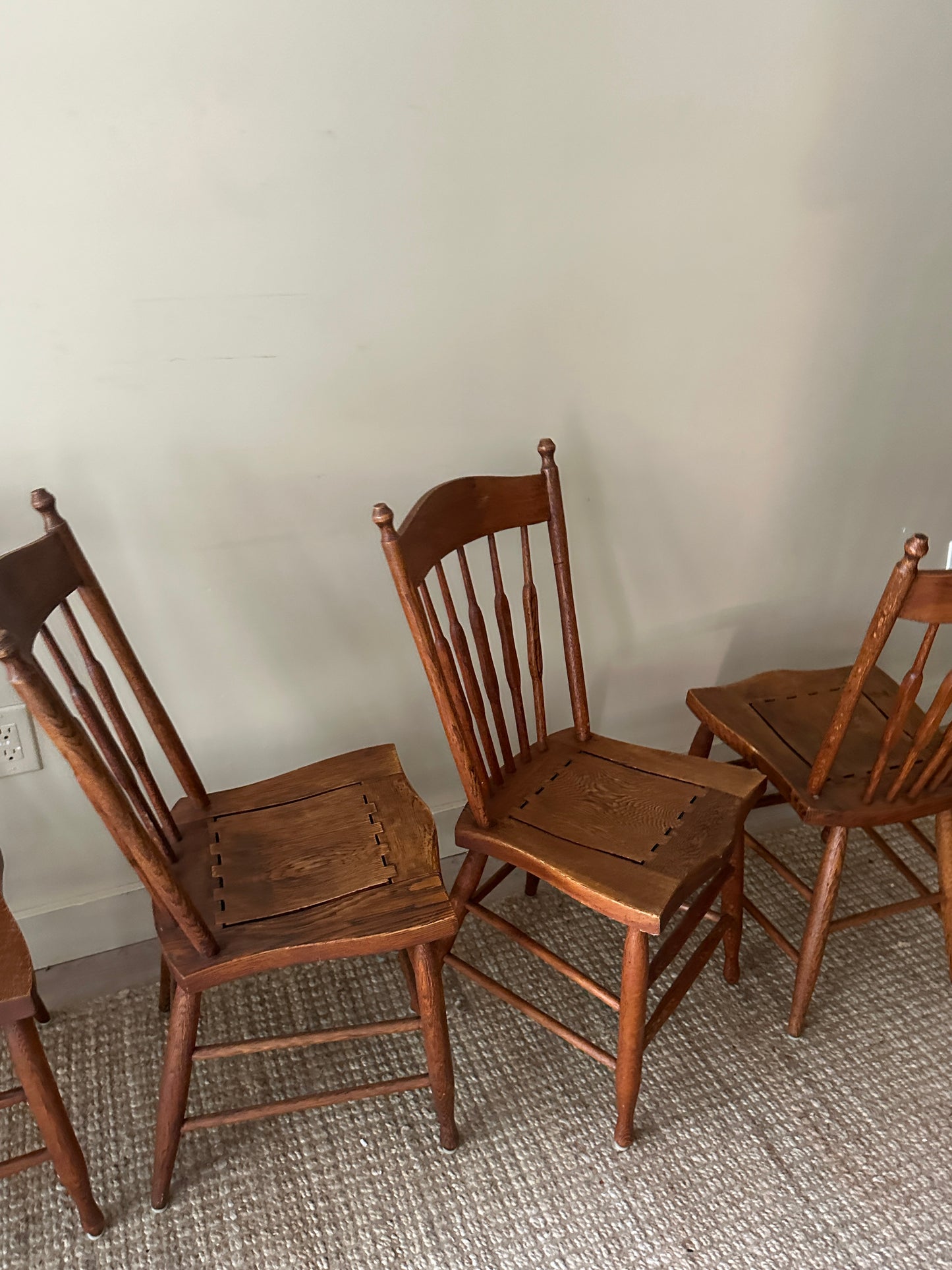6 Oak dining chairs. Sold in pairs.