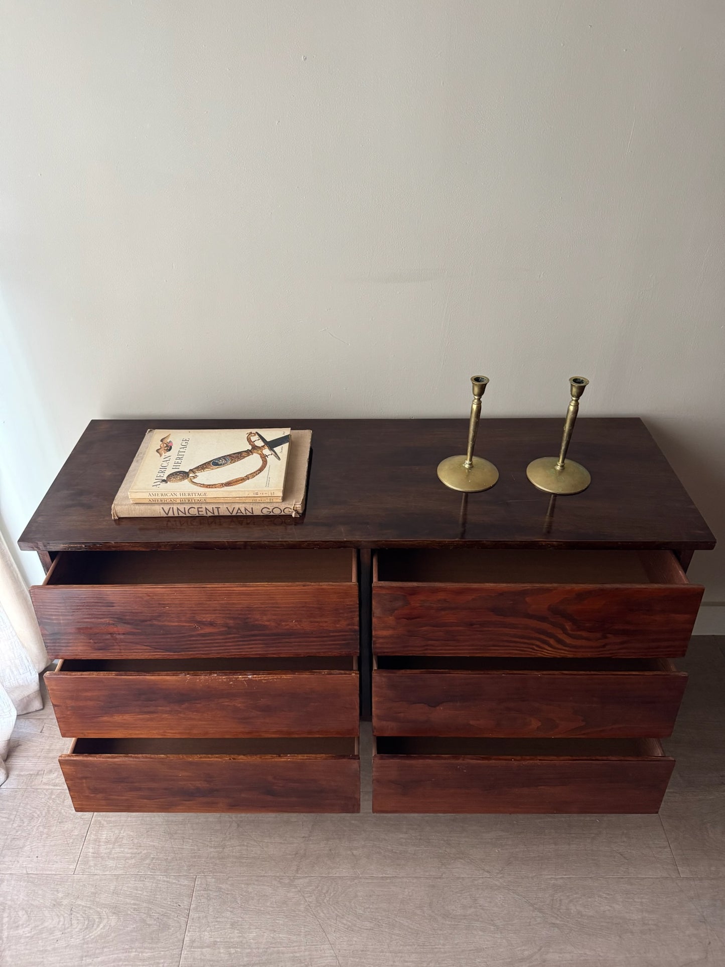 Stained pine 6 drawer dresser