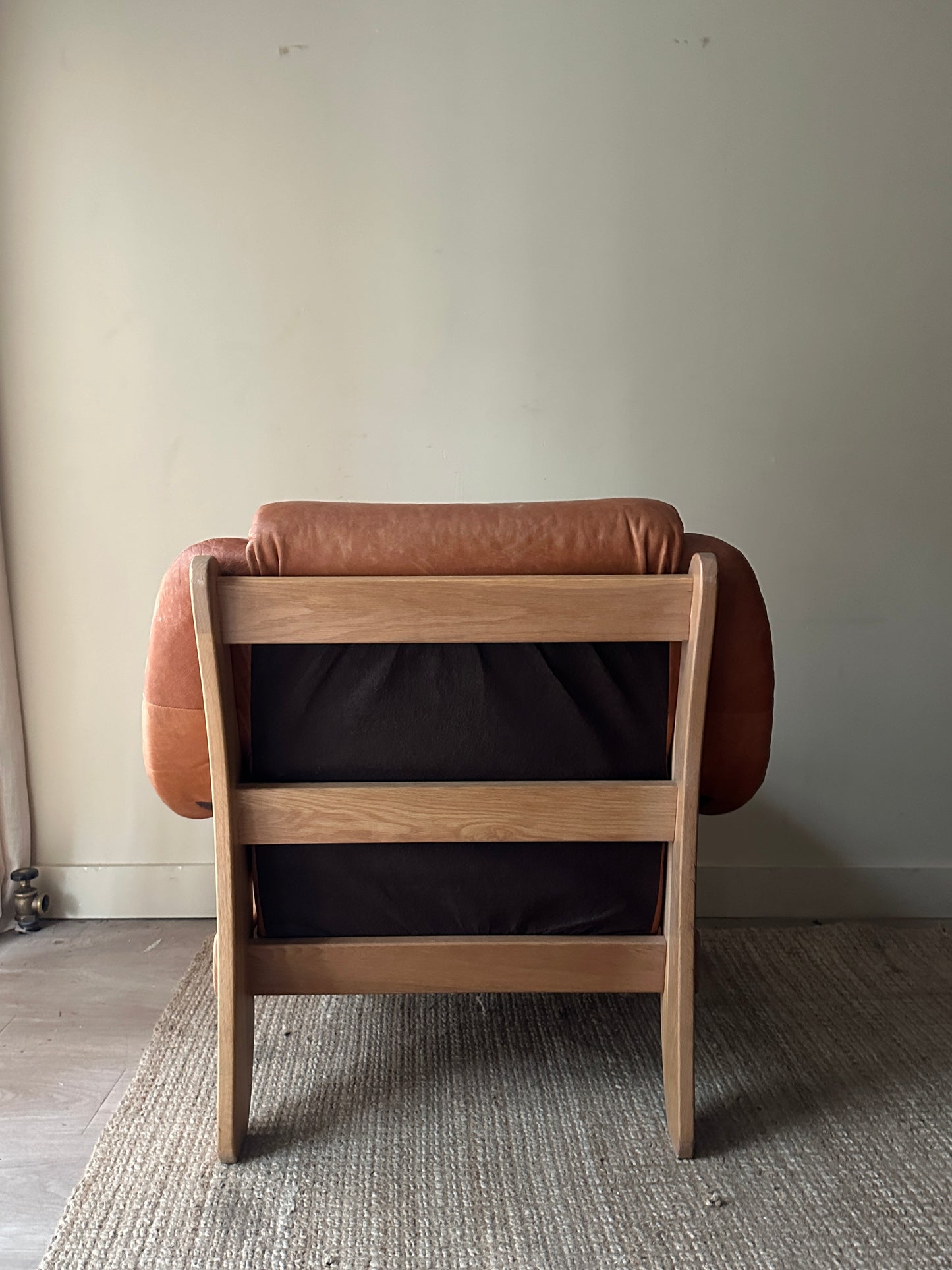 French leather and pine lounge chair