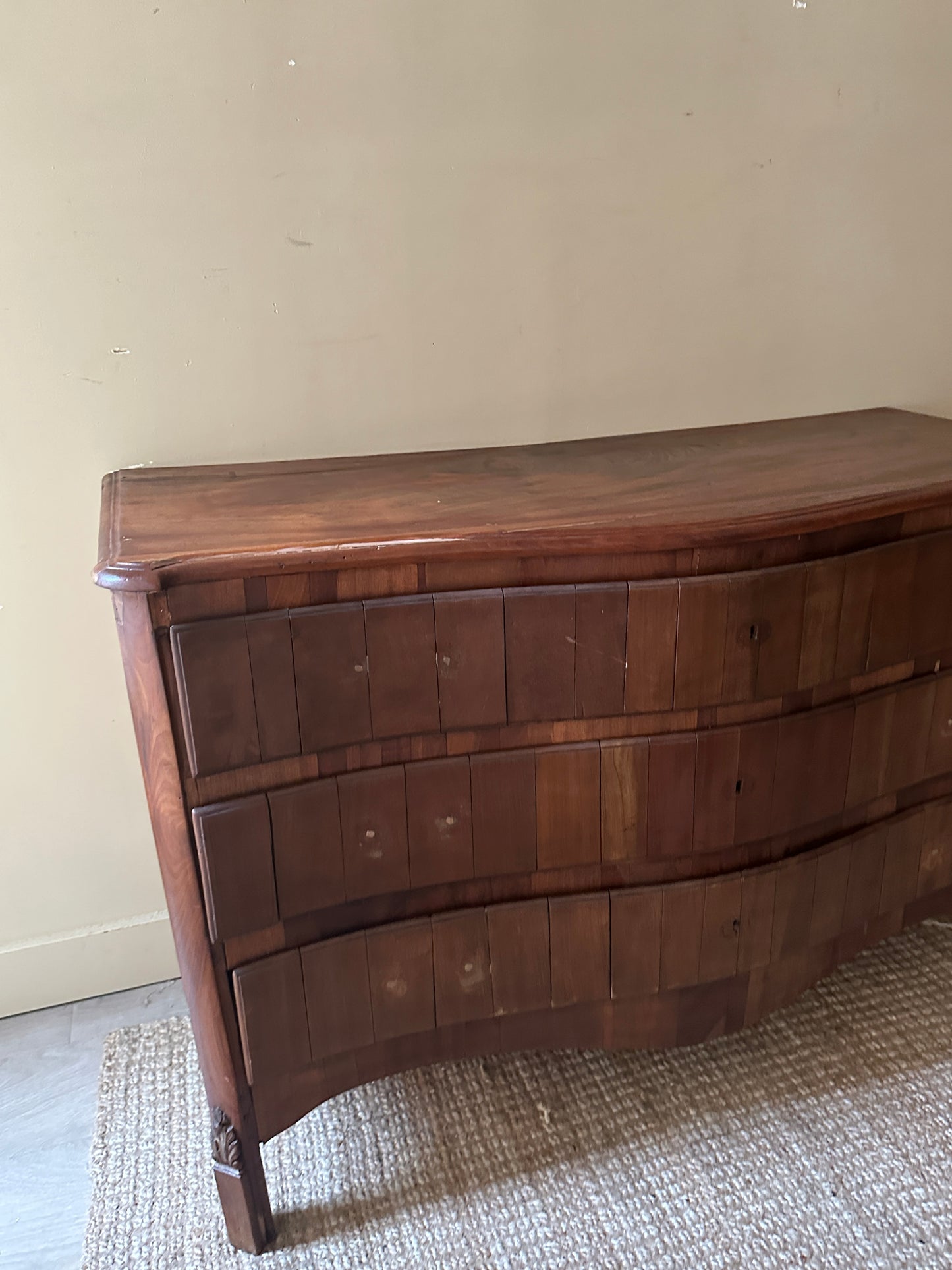 Wavy walnut dresser. Needs handles.