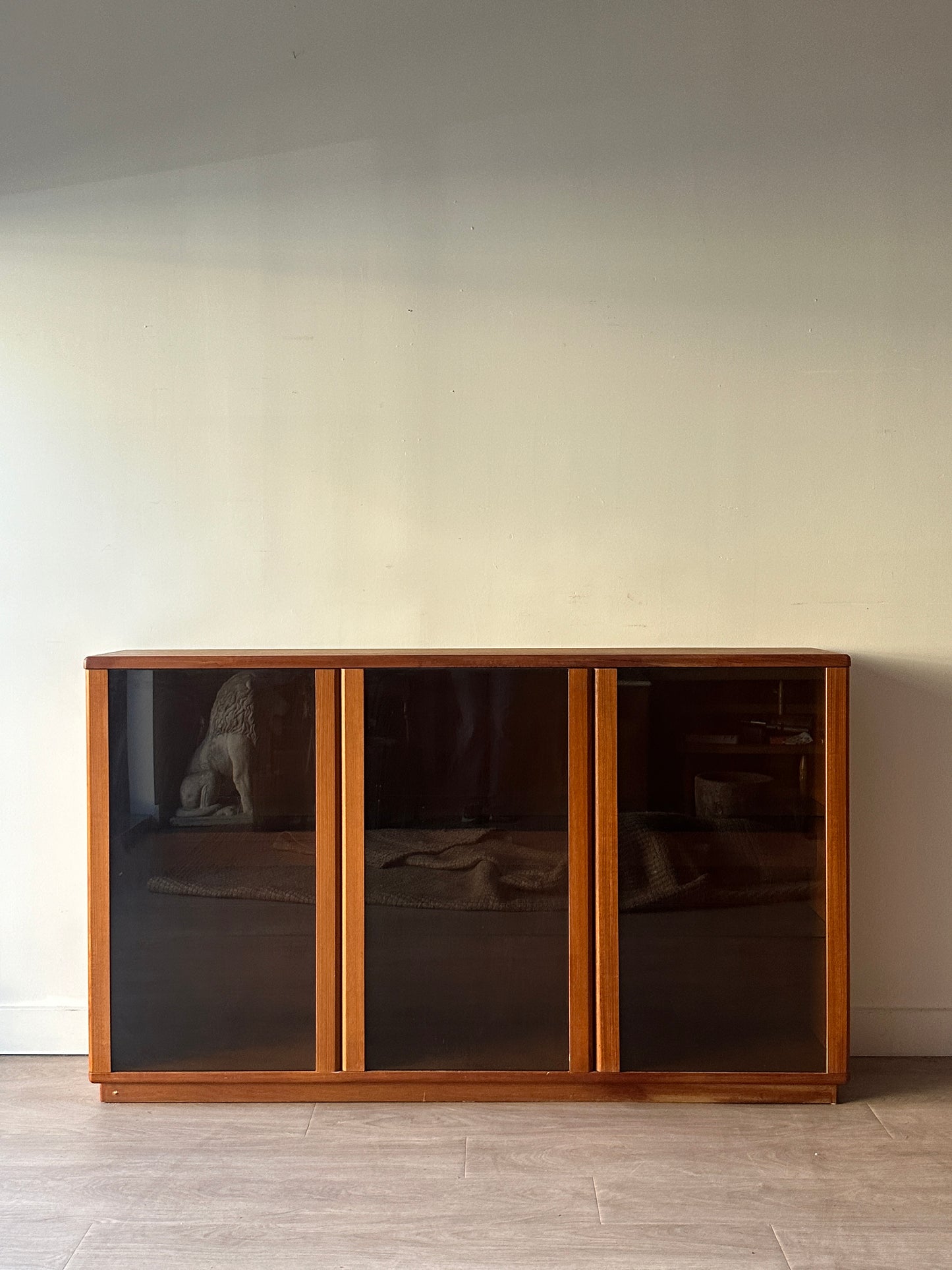 Smoked glass and teak bookcase