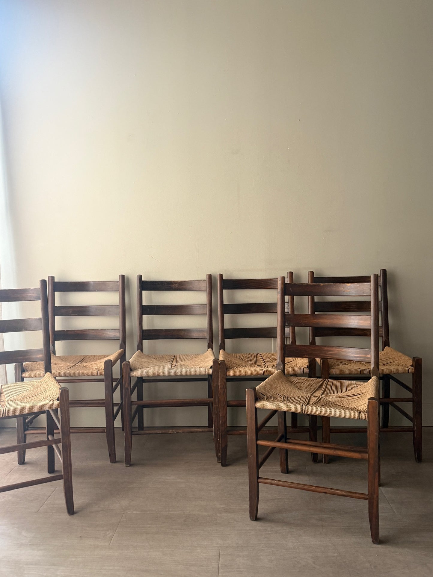 Scandinavian pine and cord dining chairs. Sold in pairs.