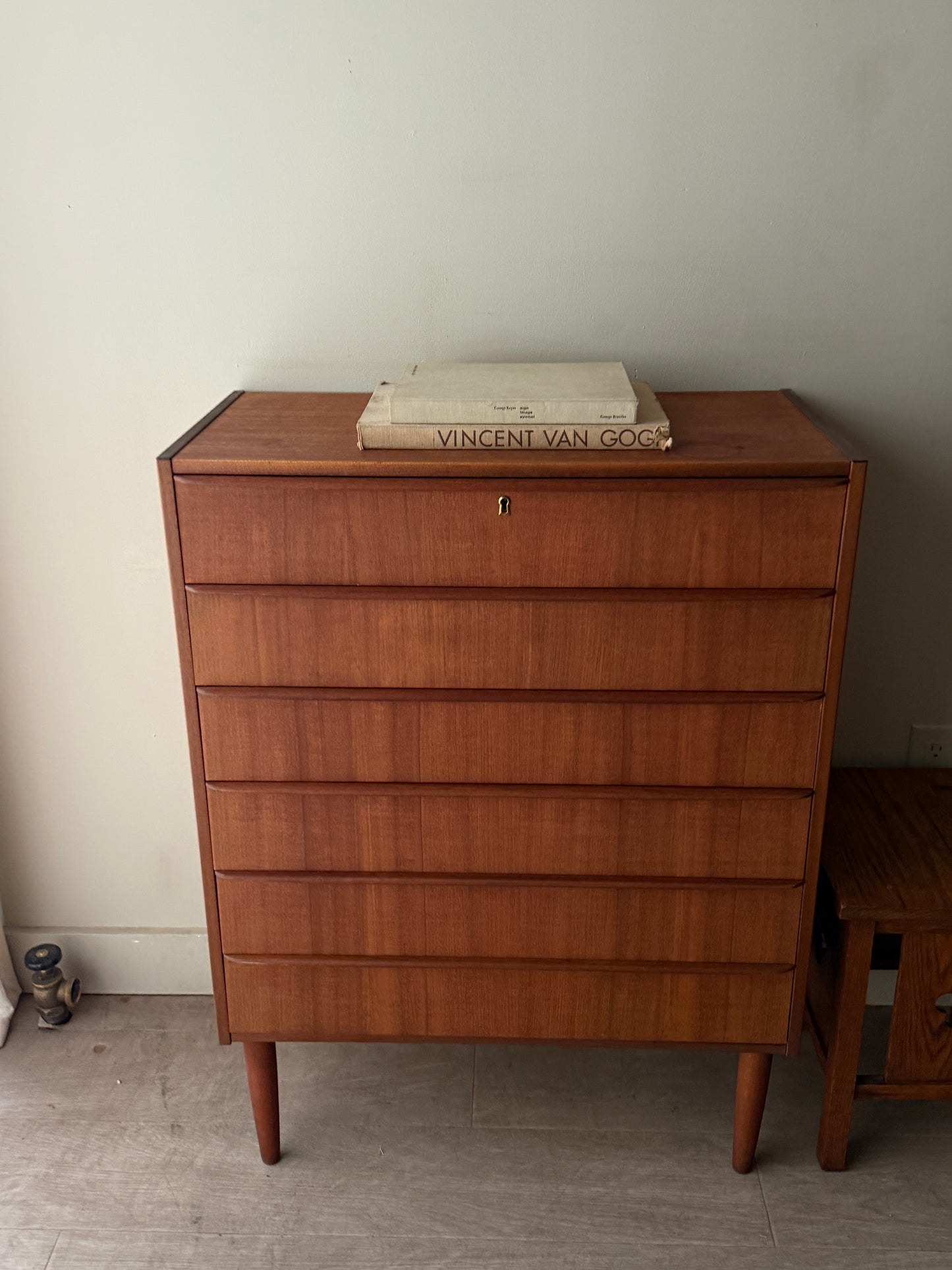 Danish teak tallboy dresser (right)