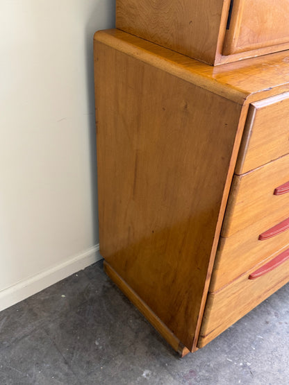 Maple two piece hutch with red painted pulls