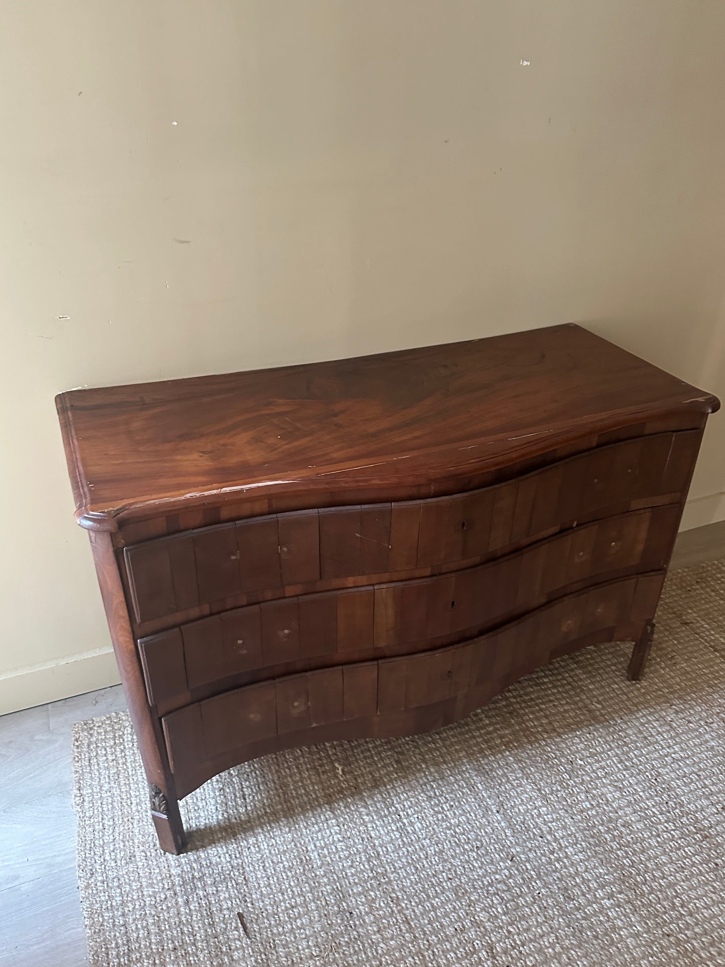 Wavy walnut dresser. Needs handles.