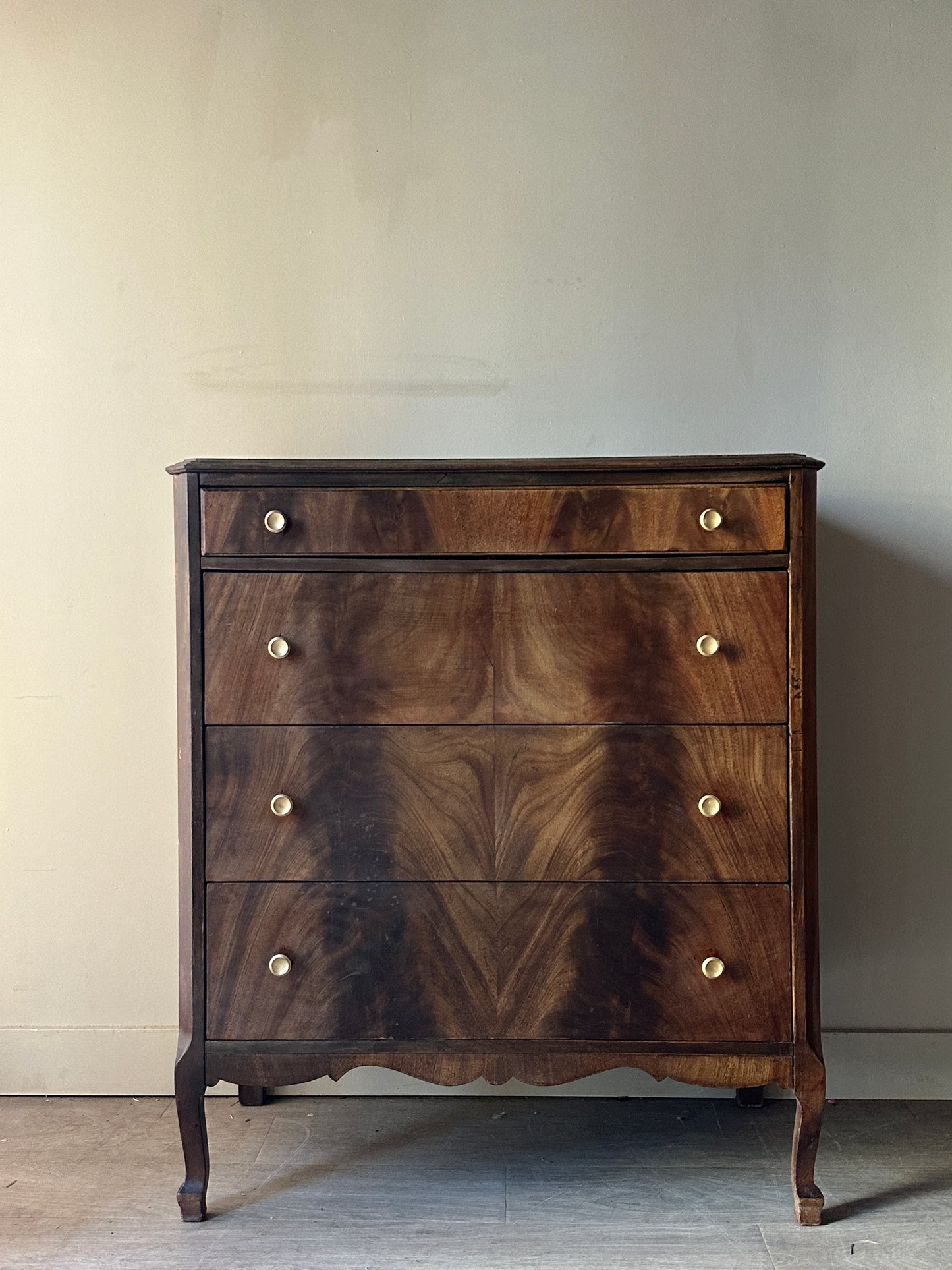 Dark walnut burl front dresser brass knobs