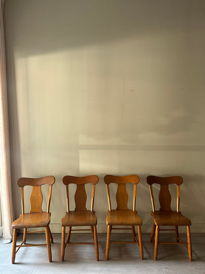 Pine dining chairs. Sold in pairs.