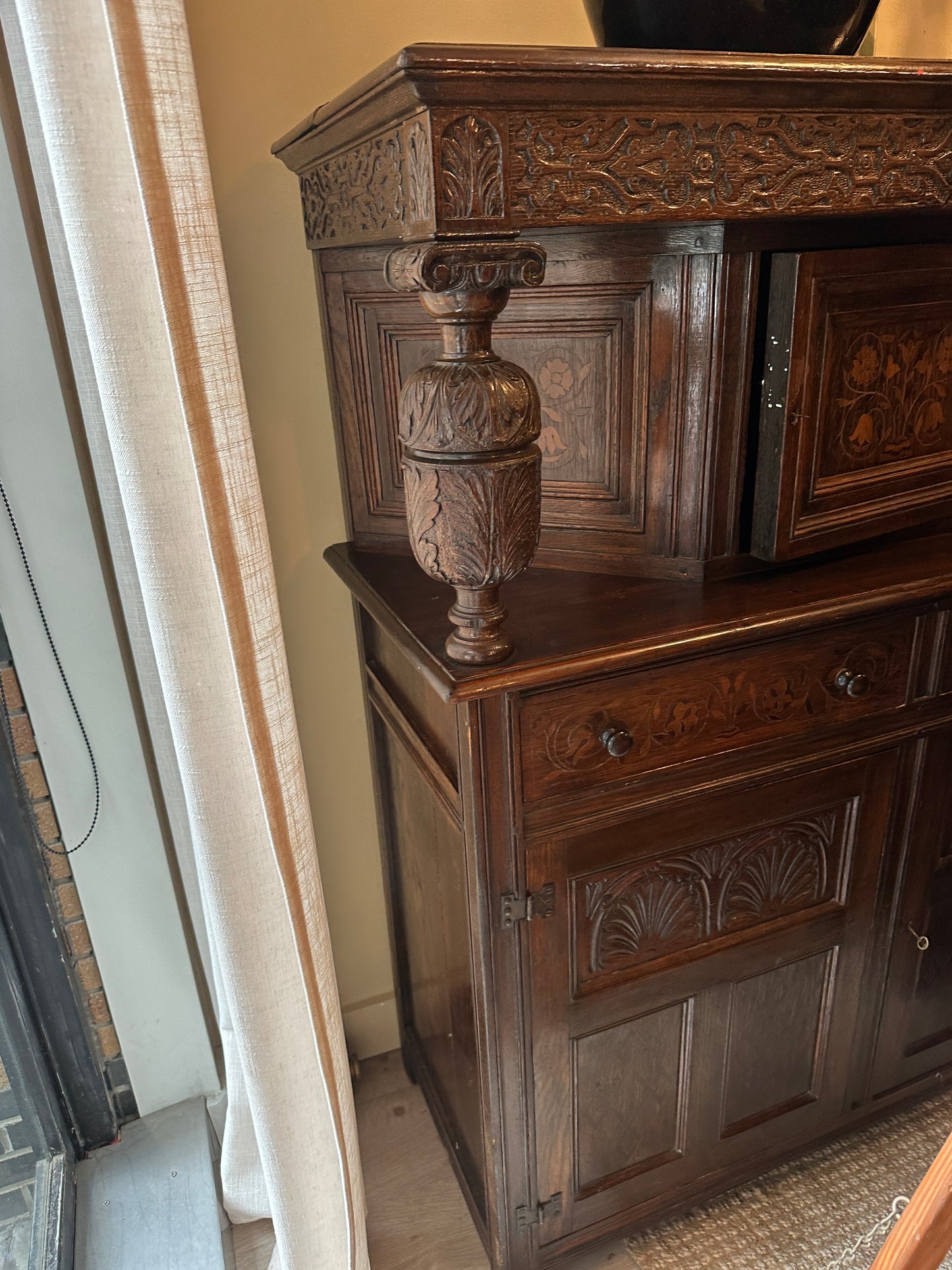 Tudor revival oak inlay cabinet