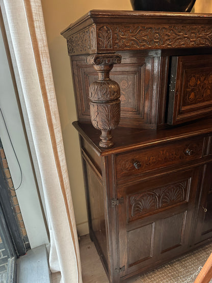Tudor revival oak inlay cabinet