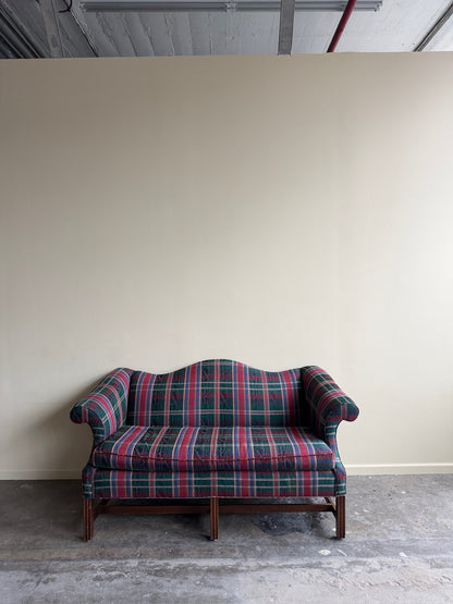 Camelback loveseat in plaid moiré upholstery