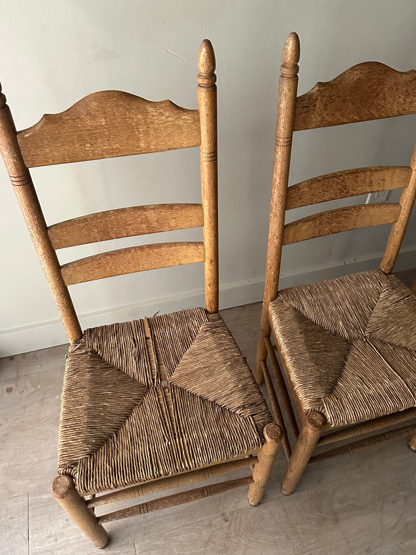 White oak rush seat dining chairs. Sets of 2.