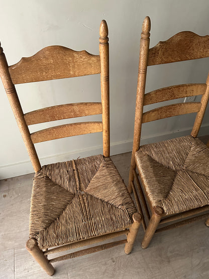White oak rush seat dining chairs. Sets of 2.