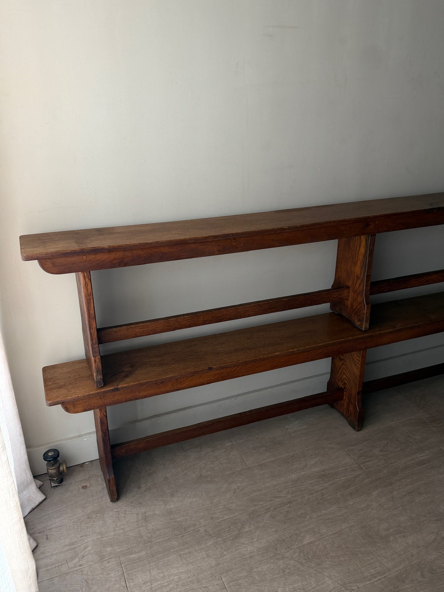 Golden oak benches. Sold individually.