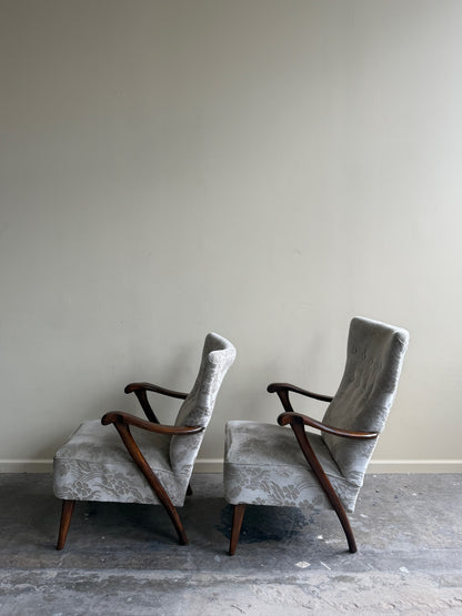 Danish wingback grey floral velvet lounge chairs (left)
